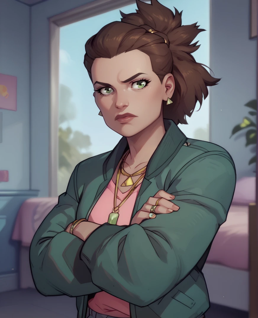 score_9,score_8_up,score_7_up,score_6_up,
Amberxl,brown hair,green eyes,ponytail,
necklace,jewelry,earrings,pink shirt,green jacket,jeans,
upper body,standing,crossed arms,rings,
looking at viewer,
bedroom,<lora:Amber:0.9>,