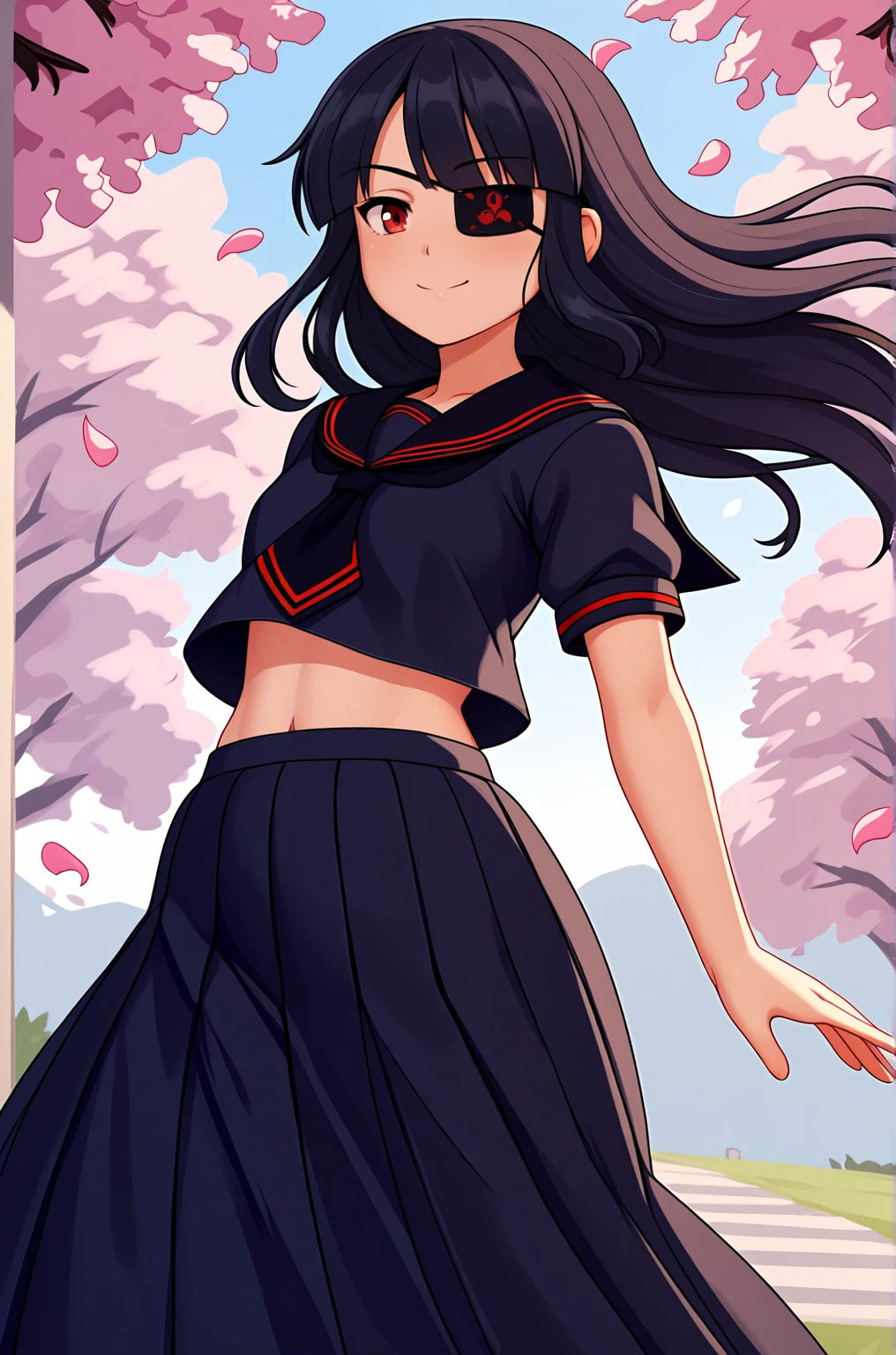 anime artwork, score_9, score_8_up, score_7_up, score_6_up, score_5_up, score_4_up, source_anime, BREAK, thick outline, fat outline,
Mirai_XL, long black hair, eyepatch, red eye, small breasts, BREAK, Mirai_hebijo, school uniform, black sailor collar, black tie, black serafuku, black shirt, black pleated skirt, long skirt, short sleeves, BREAK, outdoors, flowers, flying petals,
<lora:Mirai_XL:0.7>
<lora:PersonalAmi_PonyXL:1.0>