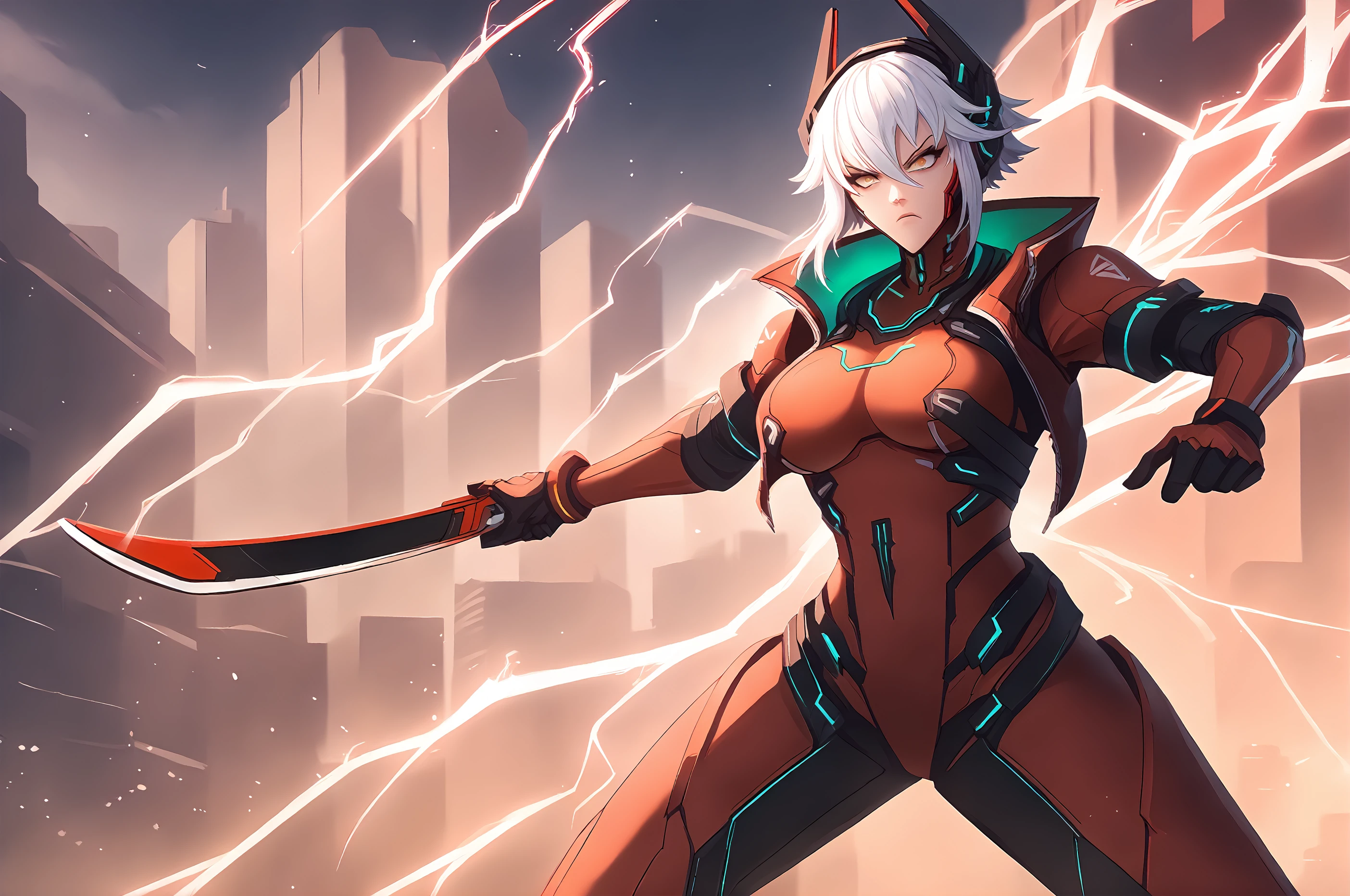 score_9,
<lora:leaguesplash_v1_pruned:0.95>, 
<lora:zentreya_v1_pruned:1>, zentreya, zencyber, red bodysuit, white hair, 
standing, cowboy shot, city, science fiction, night, dark, neon, sword, katana, action pose, determined, electricity,
high resolution, Masterpiece