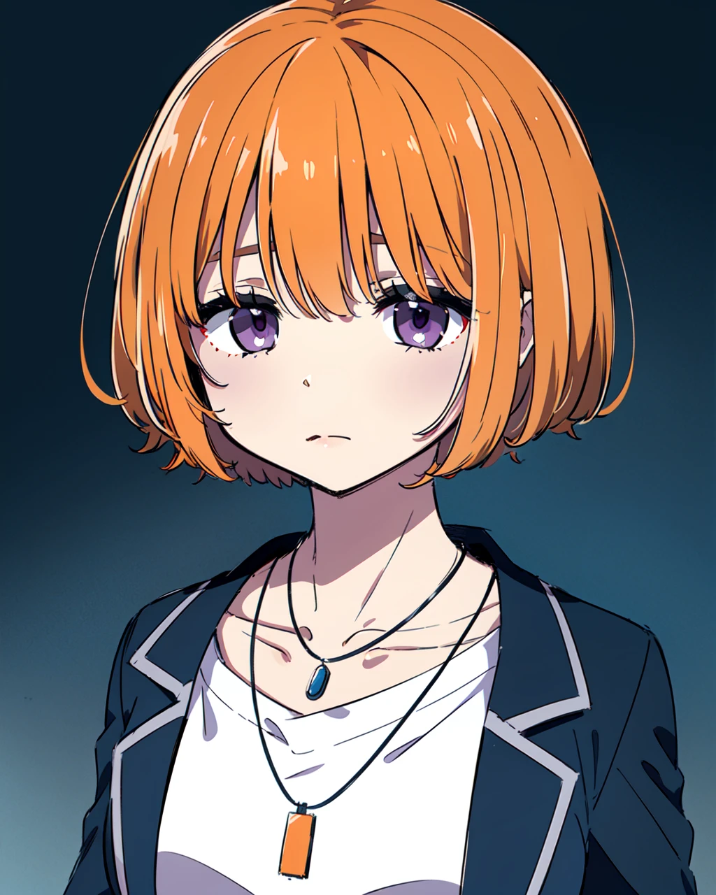 masterpiece, high quality, mgrcmiuraasahi, 1girl, upper body, close shot, standing, looking at viewer, orange hair, purple eyes, white shirt, black blazer, necklace, <lora:mgrcmiuraasahi-05:0.8>