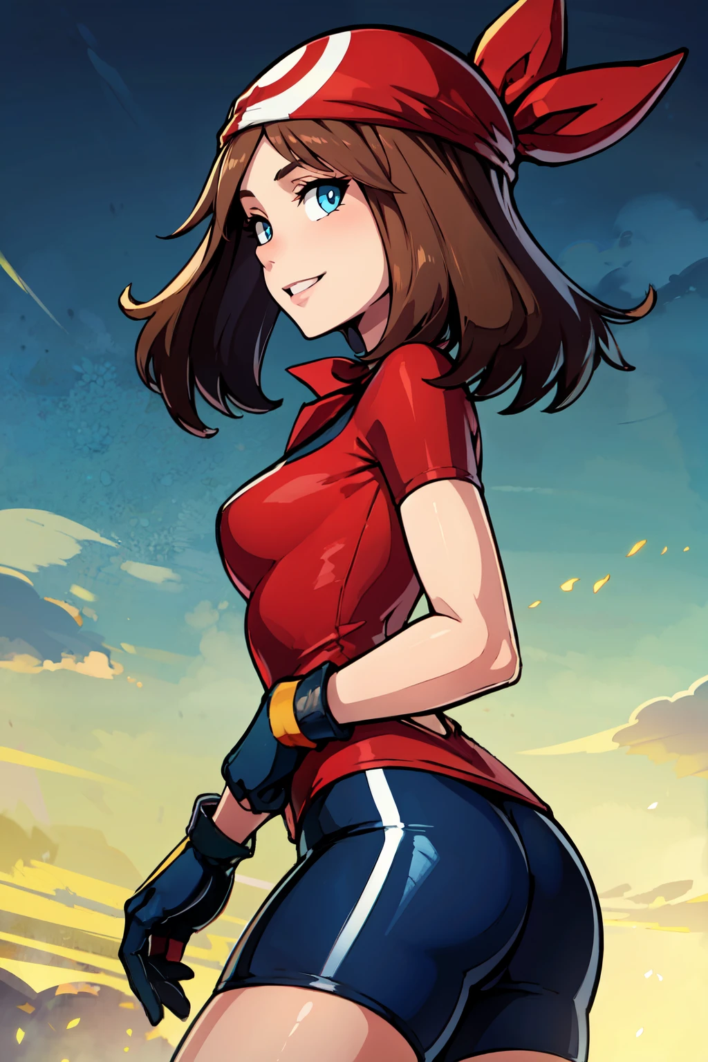 ((masterpiece,best quality)), absurdres, <lora:May_Pokemon:0.8>, zzMay, perfect, solo, brown hair, blue eyes, red shirt, white undershirt, bike shorts, red bandana, red shirt, medium hair, gloves, smile, looking at viewer, cowboy shot, side view,
