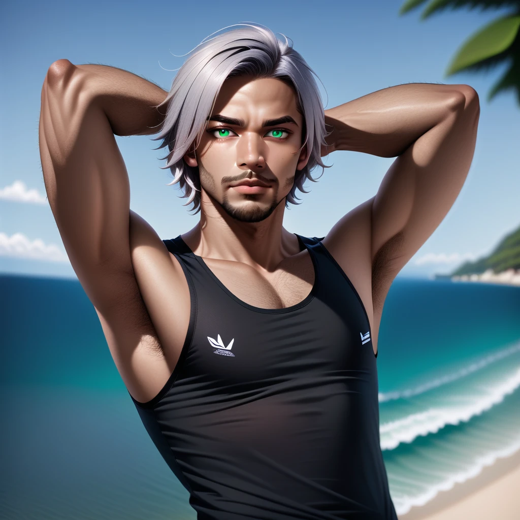 Cameron X'voor, 1boy, arm behind head, arm hair, arm up, armpit hair, armpits, beach, beard, black tank top, blue eyes, blurry, blurry background, chest hair, closed mouth, day, facial hair, green eyes, grey hair, looking at viewer, male focus, ocean, outdoors, realistic, solo, stubble, tank top, upper body, dark skin, dark-skinned male