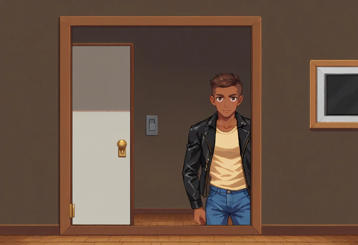 snes style, 1boy, male focus, leather jacket, upper body, close up, indoors, television, denim pants, portrait, reflection, short hair, brown eyes, dark skin, dark skinned male, brown hair, door, shirt, 16bit, pixel art, pixelization, PonyXLV6_Scores , <lora:SNES-PonyXL:1>