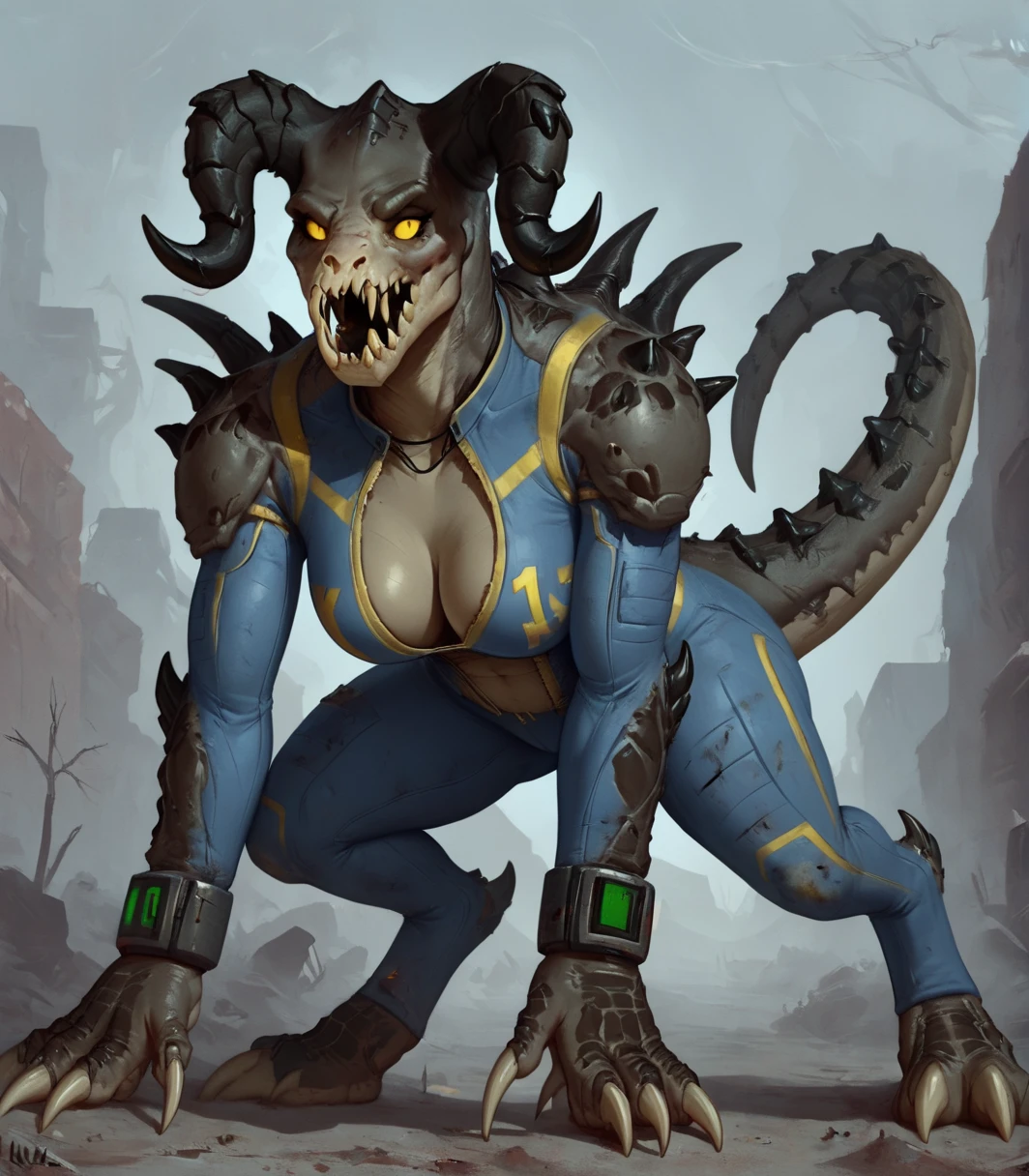 Femclaw, Deathclaw, reptile, fallout, Female, Vault-Tec Suit, solo, <lora:1dkXLP:0.5>  <lora:FemClaw-000002:0.5> <lora:Concept Art Twilight Style SDXL_LoRA_Pony Diffusion V6 XL:1>