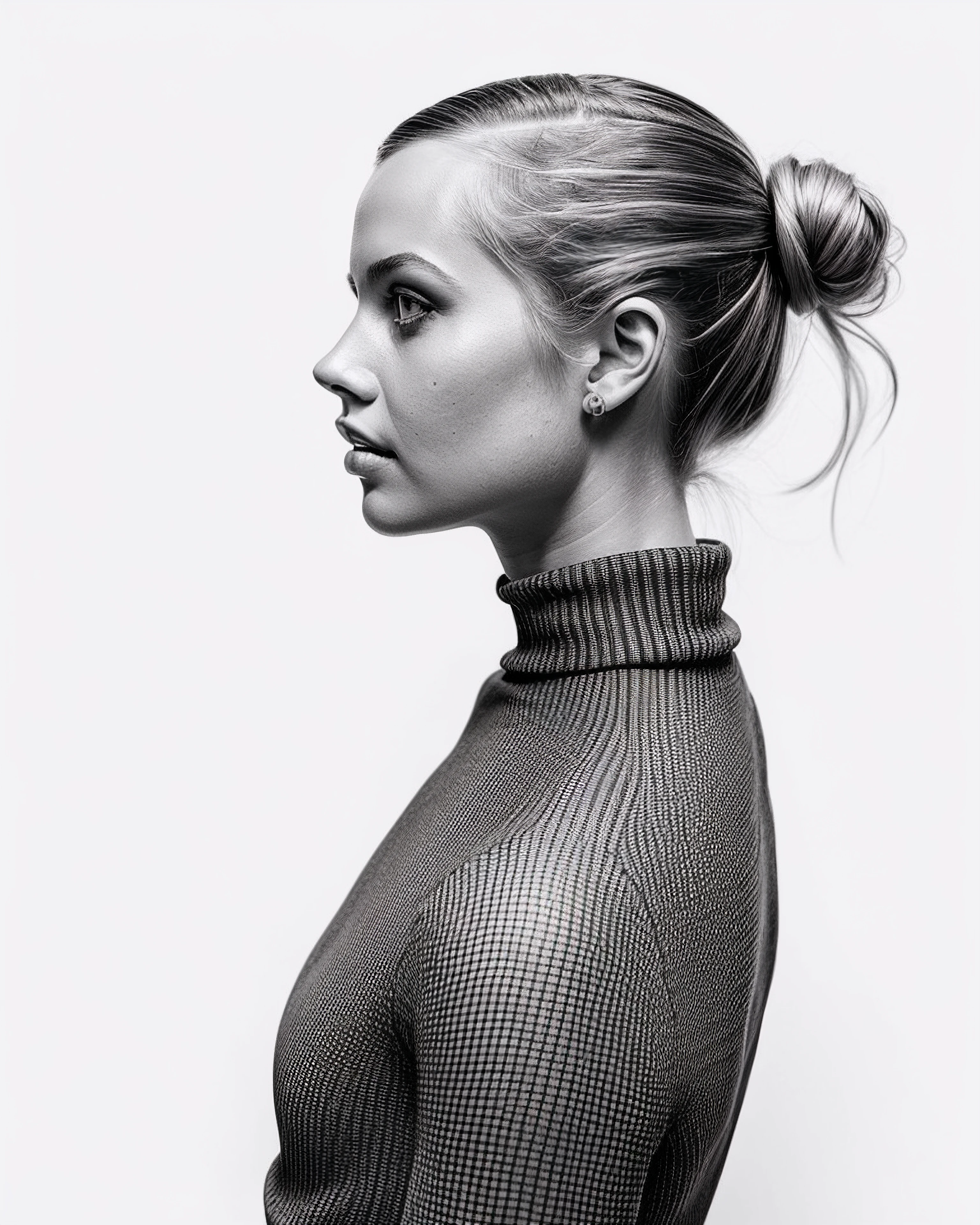 angourr, side view , elegant 1girl with blonde hair tied in a high bun, wearing a black turtleneck , white background, grainy film filter, minimalistic, HD,bold lines,poster, intricate,artstation,Conrad Roset,chiaroscuro inspired image,Anthony , <kkw_m4k3_up>