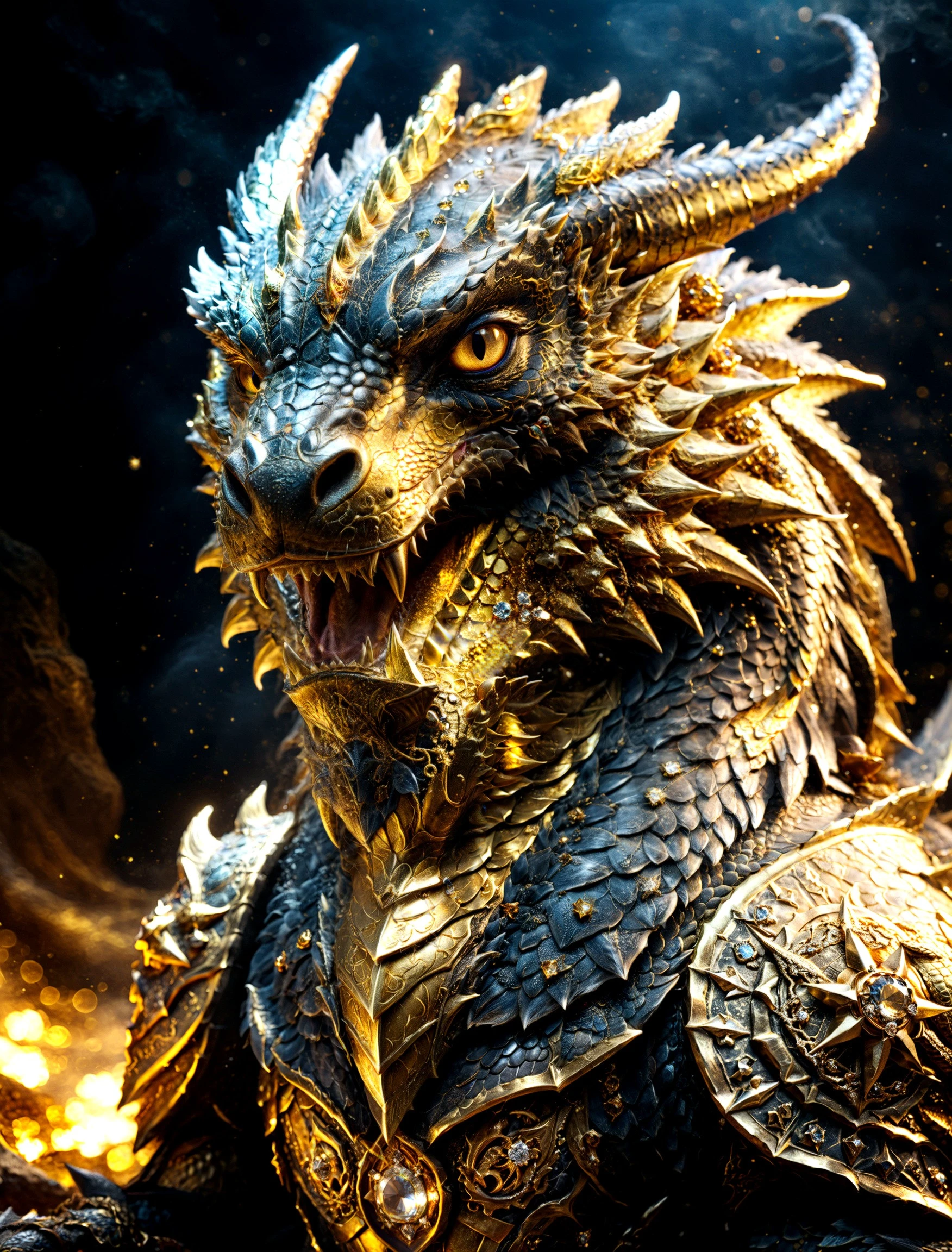 Ultra realistic (Dragons king:1.2) portrait, misty dark atmosphere, (gold and diamonds treasure background:1.2), (dust particles:1.2), professional photography, light rays, insane detail, extreme detail, high poly, hdr, ambient occlusion, art-full. BREAK bright intense gold, dark theme, dynamic lighting, (soft shadows), (sharp focus), (photo realistic), extreme details, uhd, 8k, <lora:xl_more_art-full_v1:0.7>