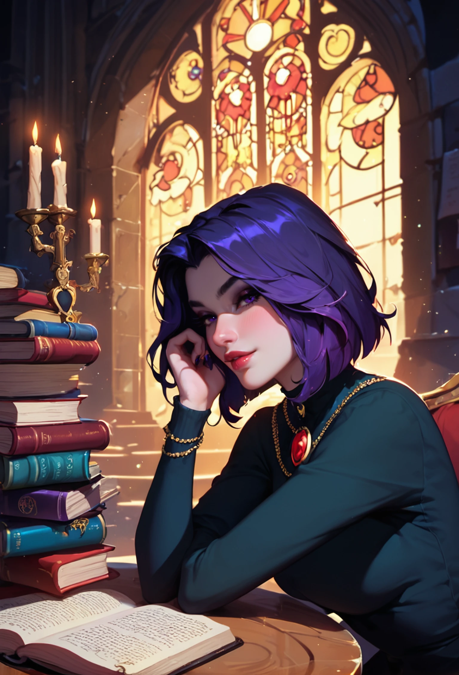 score_9, score_8_up, score_7_up, Raven sits quietly in the dimly lit corner of the Titans Tower, her eyes glowing faintly as she reads ancient spell books. Her mysterious and gothic appearance, combined with her quiet demeanor, makes her a fascinating enigma, whose sudden telekinetic outbursts can startle even her closest allies.