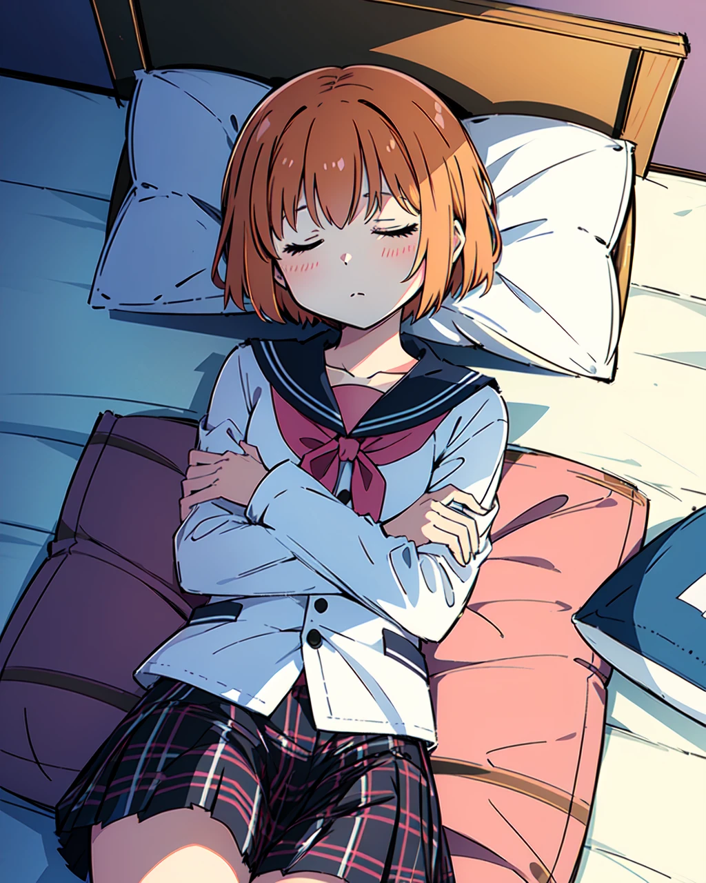 masterpiece, high quality, 1girl, mgrcmiuraasahi, medium shot, upper body, lying, sleeping, orange hair, eyes closed, white with blue shirt, pink bowtie, black striped skirt, indoors, bedroom, bed, pillow, night, sleep, view from above, <lora:mgrcmiuraasahi-05:0.7>