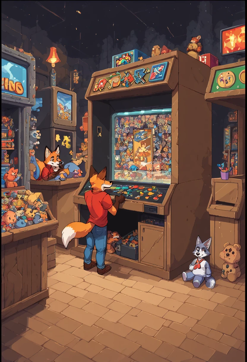 snes style, 1boy, male focus, anthro, furry, fox, arcade (place), video games, boxes, stuffed toys, neon lighting, solo focus, 16bit, pixel art, pixelization, PonyXLV6_Scores , <lora:SNES-PonyXL:1>