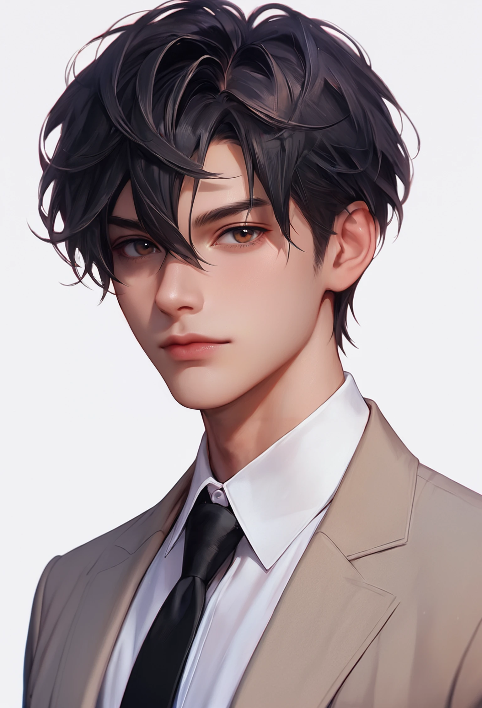 score_9, score_8_up, score_7_up, solo, looking at viewer, short hair, bangs, simple background, shirt, black hair, 1boy, white background, hair between eyes, brown eyes, closed mouth, jacket, white shirt, upper body, male focus, necktie, collared shirt, artist name, formal, portrait, black necktie