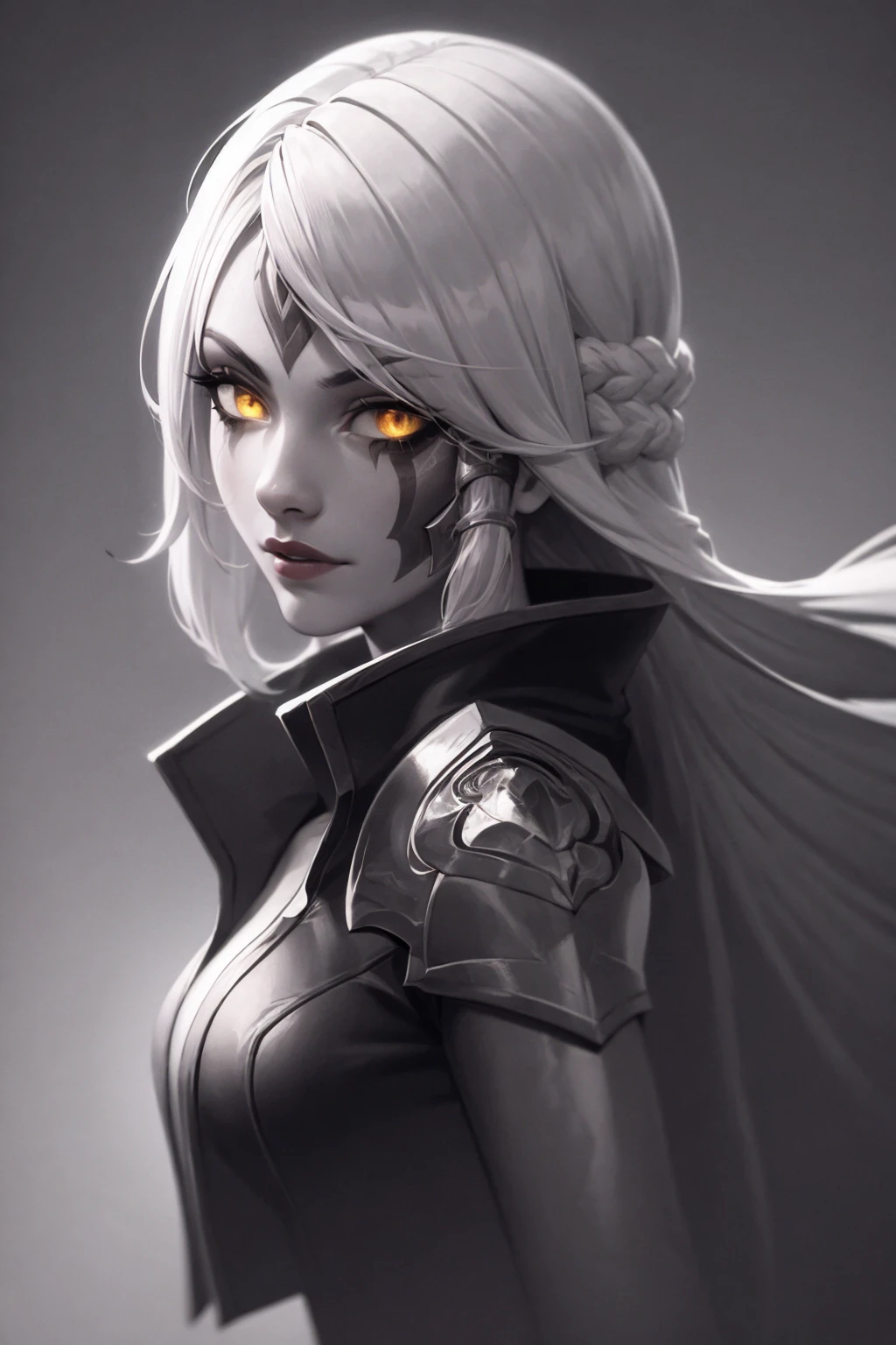 masterpiece, best quality,
1girl, hnashe, white hair, long hair, yellow eyes, makeup, lipstick,
armor, closeup, (b&w), black and white, (glowing eye:0.5), (sketch:0.4), solo, solid grey background   <lora:HighnoonAshe:1>