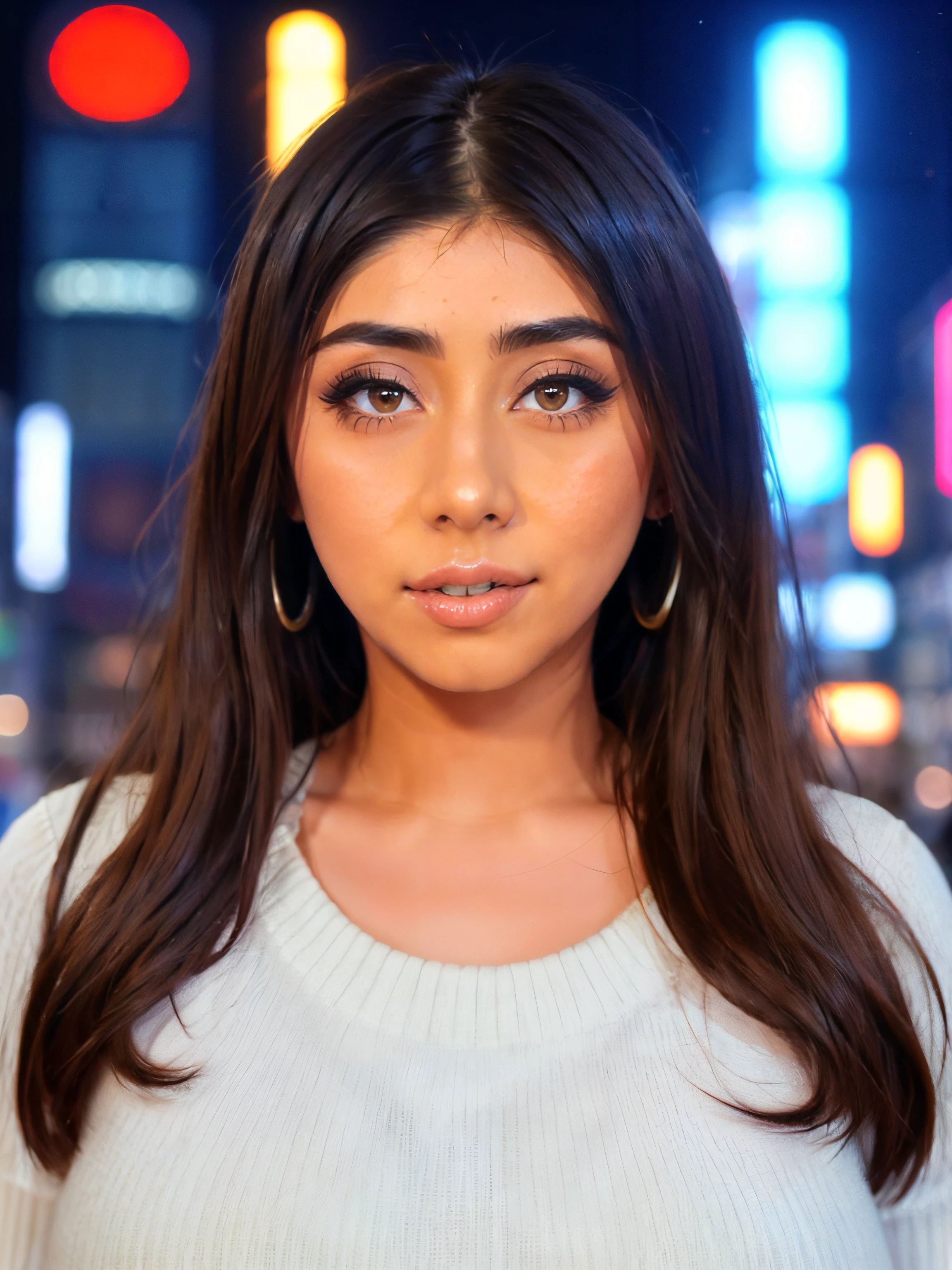 closeup portrait of a beautiful woman, viomyers, wearing Blouse, shibuya crossing, midnight,,,, hard shadows, cinematic, masterpiece,  <lora:viomyers-000007:1>