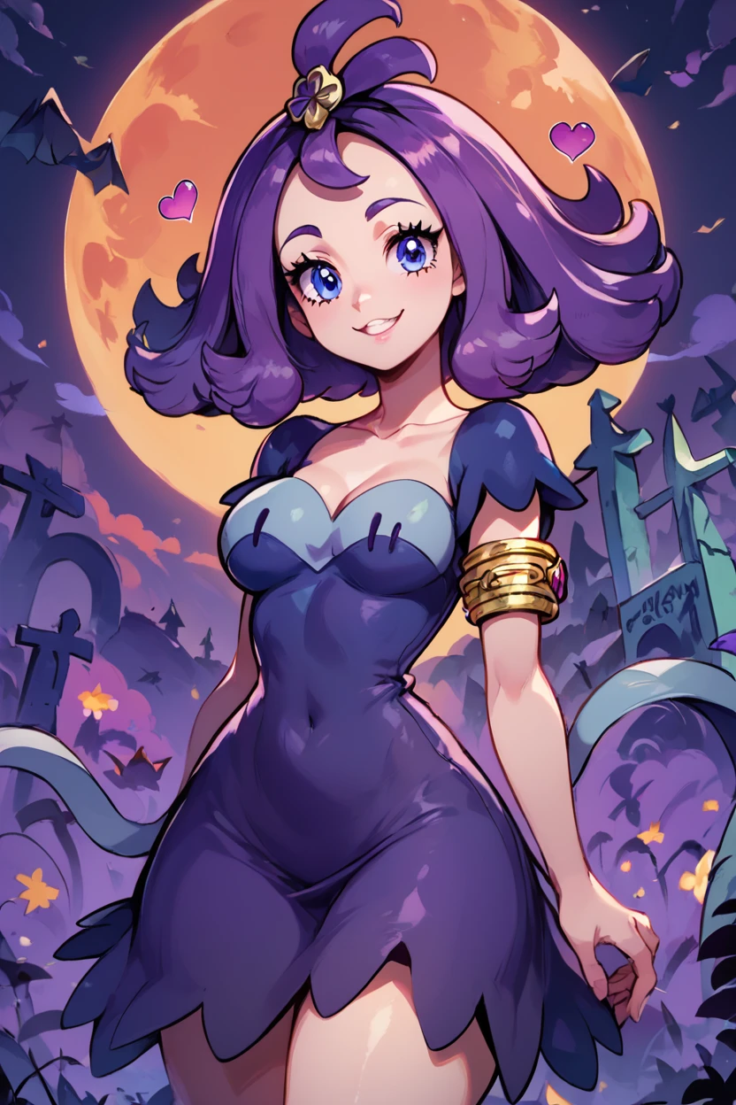 score_9, score_8_up, score_8, medium breasts, (curvy), cute, eyelashes,       acerola (pokemon), purple hair, purple hair, topknot, flipped hair, collarbone, purple dress, stitches, multicolored dress, armlet, smile, looking at viewer, cowboy shot, medium breasts, curvy, narrow waist, graveyard, <lora:Acerola_Pokemon_P1:0.8>,   <lora:Vivid:0.8>, embedding:zPDXL,