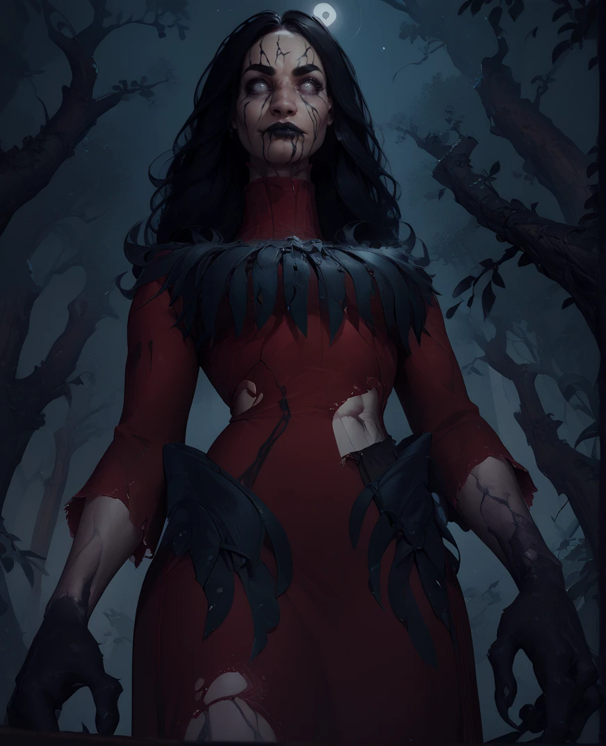 score_9,score_8_up,score_7_up,score_6_up,
artistxl,long hair,white eyes,facial mark,dark lips,black hands,
torn clothes,red dress,
looking at viewer,
standing,from below,
woods,night,
<lora:Artist:0.9>,