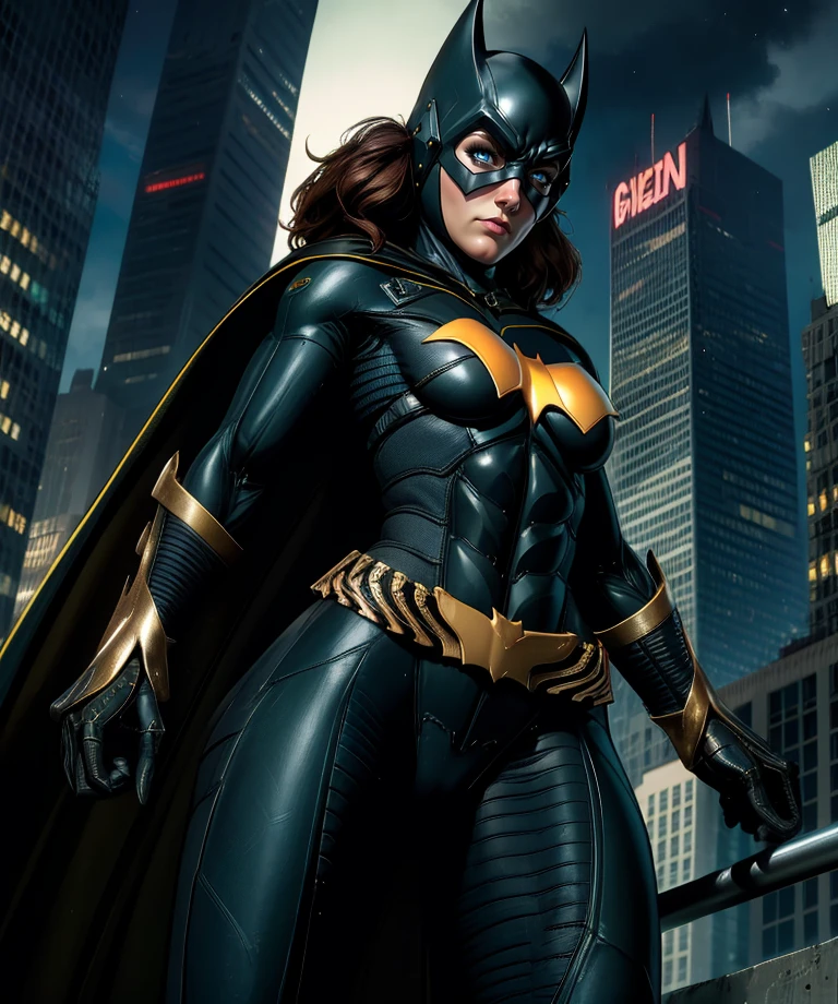 batgirlak,blue eyes,brown hair,
bodysuit,mask,cape,armor,helmet,serious,looking at viewer,
belt,cowboy shot,from below,
night,rooftop,Gotham city,
(insanely detailed, masterpiece, best quality),solo,<lora:batgirlBG:0.8>,