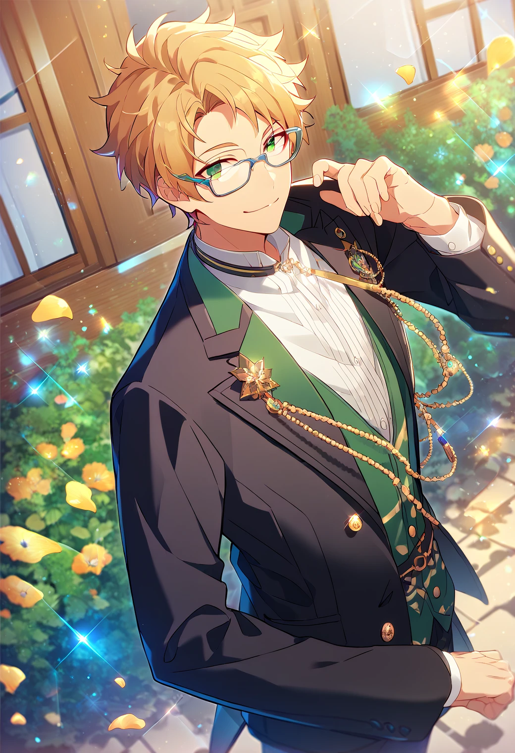 score_9, score_8_up, score_7_up, score_6_up, score_5_up, score_4_up, best quality, amazing quality, best aesthetic, absurdres, solo,makoto yuuki, blonde hair, green eyes, glasses, black suit, white shirt, black jacket, black pants, green vest<lora:EMS-357109-EMS:1.000000>