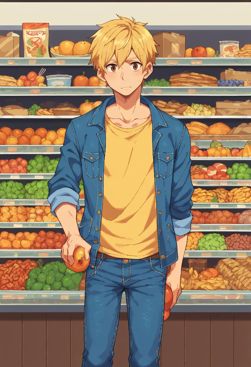 snes style, 1boy, male focus, denim jacket, supermarket(place), fruit, boxes, denim pants, solo focus, short hair, brown eyes, blonde hair, shirt,, 16bit, pixel art, pixelization, PonyXLV6_Scores , <lora:SNES-PonyXL:1>