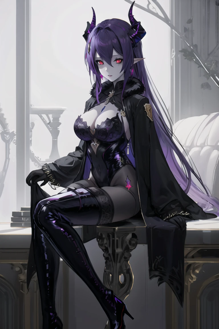 (masterpiece),best quality,purple skin,red eyes,black sclera,horns,black leotard,center cutout,cleavage,fur trim,purple pantyhose,thigh boots,
