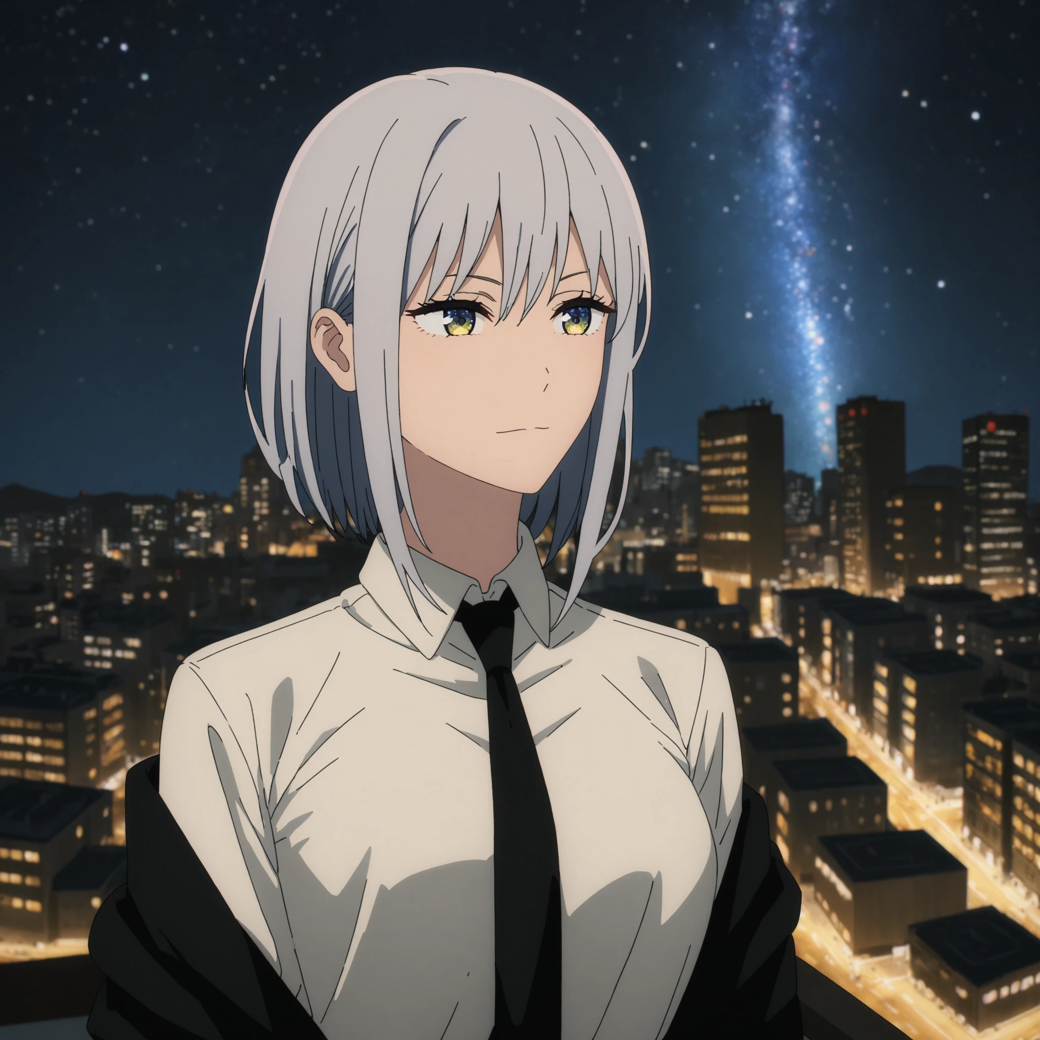 masterpiece, high-resolution, city, starry night, 1 girl, white shirt, collared shirt, black suit, black tie, csm art-style,  <lora:csm-artstyle:0.7>