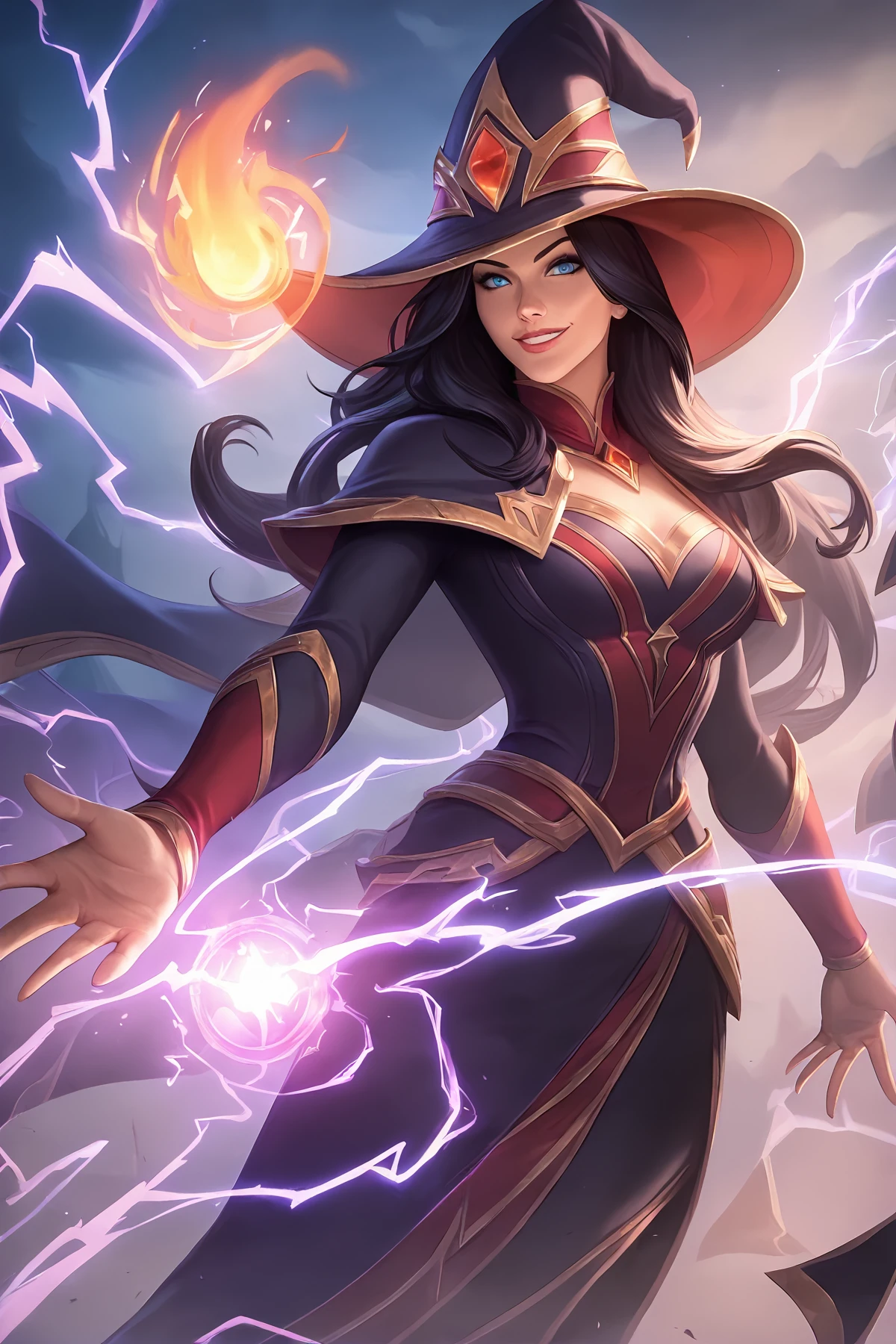 score_9,
<lora:leaguesplash_v1_lite:1>, 1girl, light smile, looking at viewer, 
wizard, wizard hat, magic, lightning, dark, night, electricity, black robe, red accents, black hair, 
long hair, blue eyes,
high resolution, Masterpiece