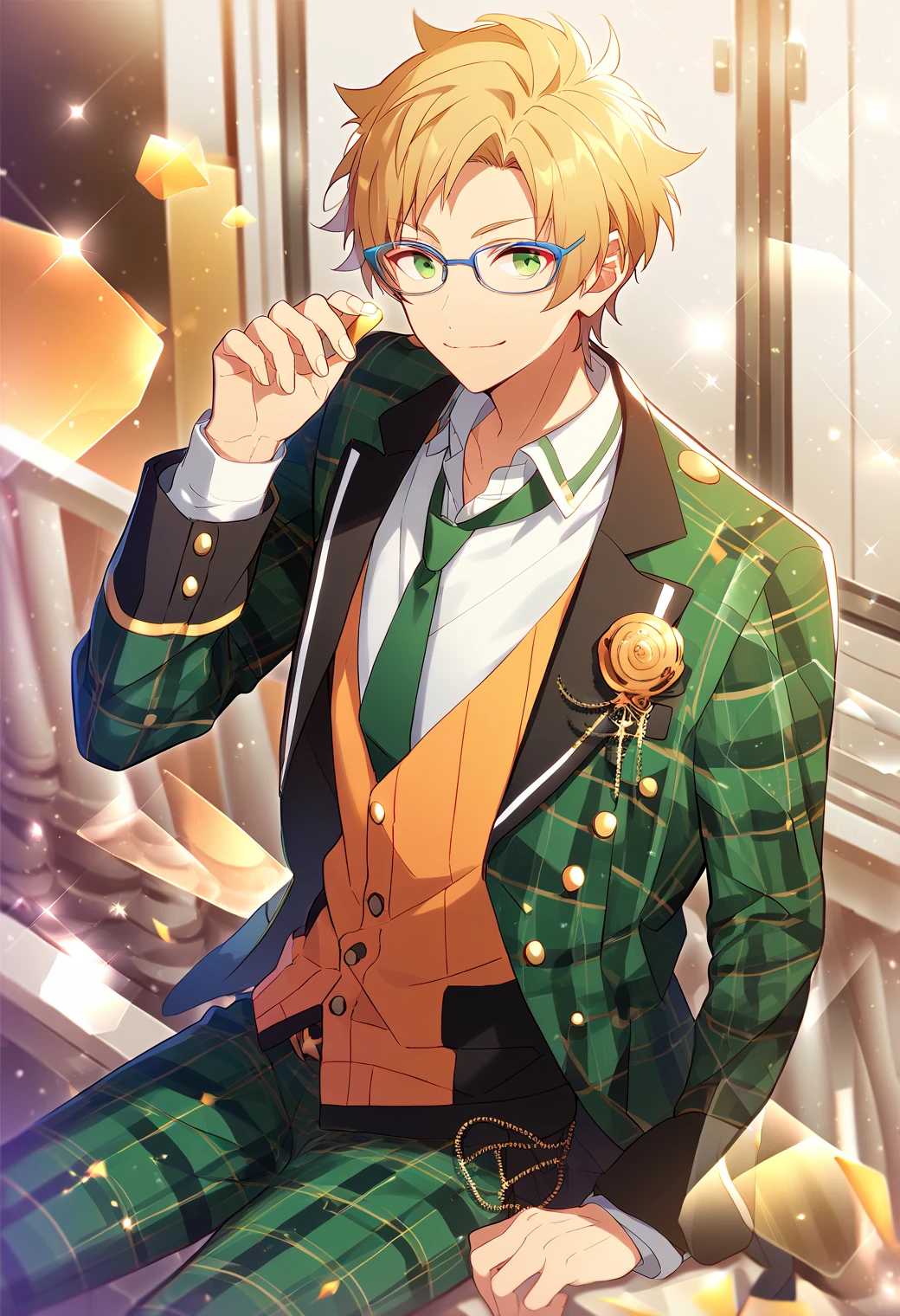 score_9, score_8_up, score_7_up, score_6_up, score_5_up, score_4_up, best quality, amazing quality, best aesthetic, absurdres, solo, makoto yuuki, blonde hair, green eyes, white shirt, green plaid pants, green plaid jacket, green necktie, orange vest, glasses<lora:EMS-357109-EMS:1.000000>