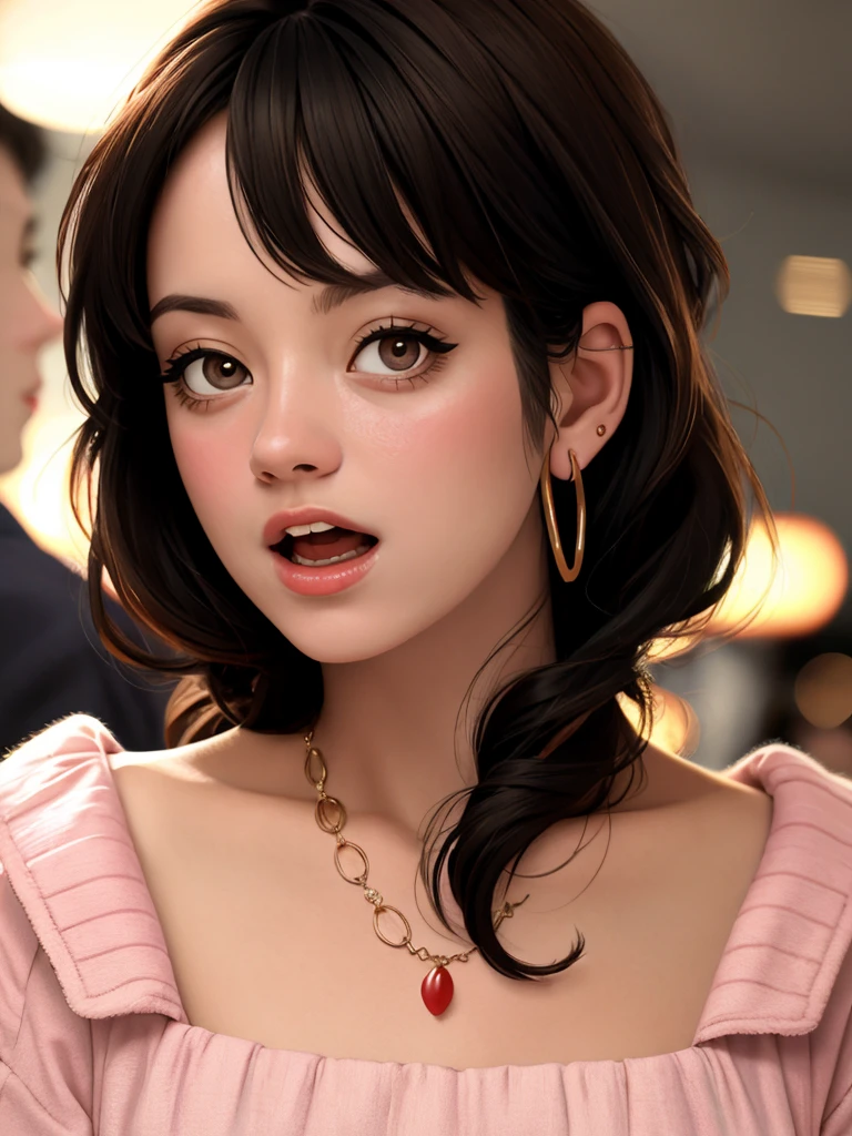 Realistic photo of a beautiful l1ly4 woman,1girl, solo, looking at viewer, open mouth, brown hair, black hair, brown eyes, jewelry, earrings, teeth, necklace, lips, traditional media, portrait, hoop earrings, realistic, soft lighting, professional Photography, Photorealistic, detailed, RAW, analog, sharp focus, 8k, HD, DSLR, high quality, Fujifilm XT3, film grain, award winning, masterpiece<lora:l1ly4:1.0>