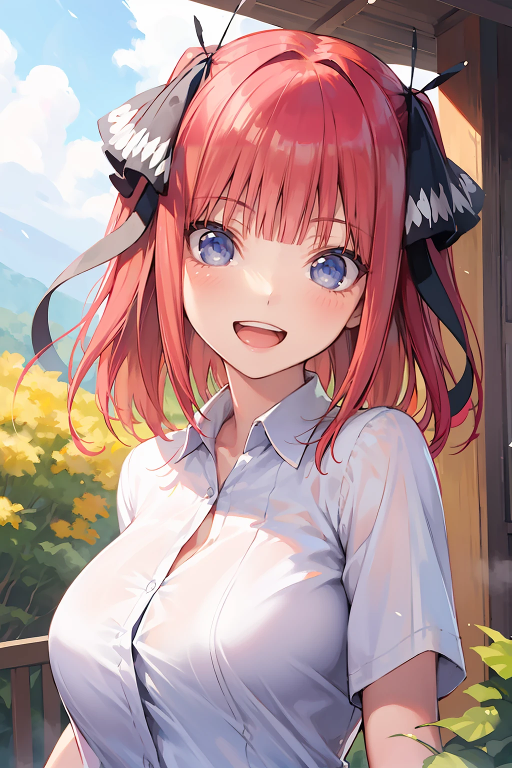 masterpiece, best quality, 1girl, <lora:Nino_Nakano_-_From_Quintessential_quintuplets:0.8> nakanonino, white shirt, smile, open mouth, upper teeth only, upper body, cowboy shot