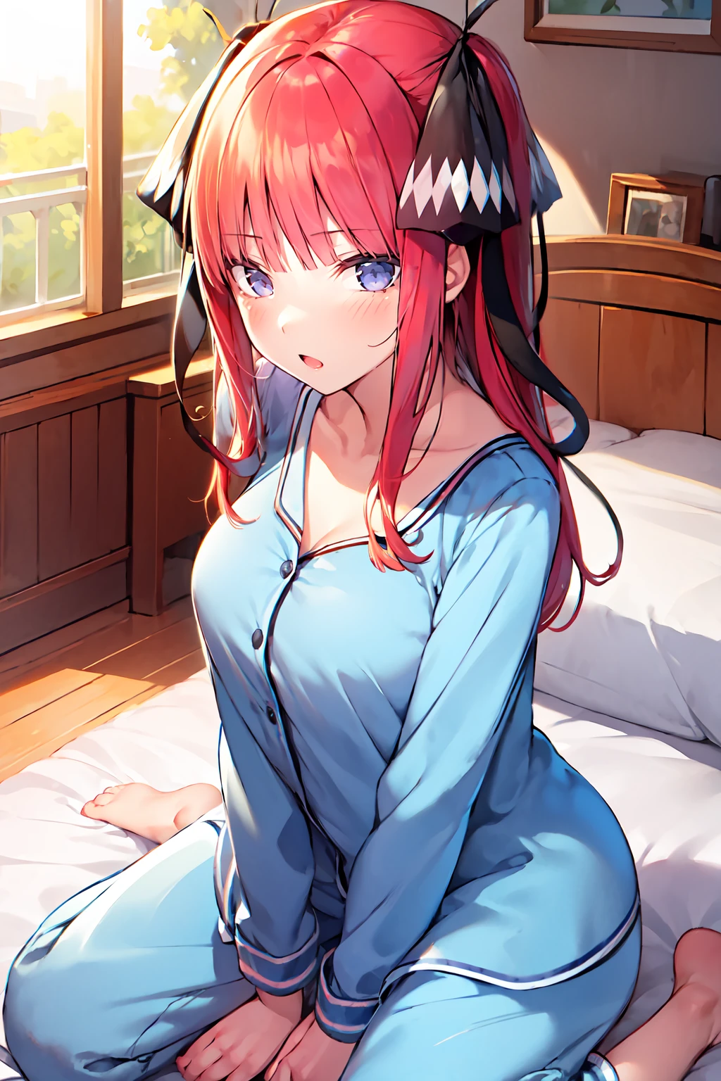 masterpiece, best quality,  1girl, <lora:Nino_Nakano_-_From_Quintessential_quintuplets:0.8> nakanonino, black ribbon, blue pajamas, wariza, on bed, cowboy shot