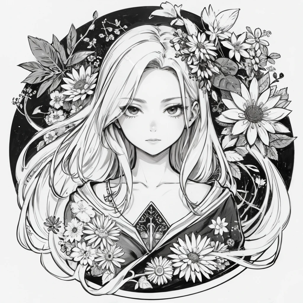 1girl, monochrome, lineart, long hair, abstract, flowers , leaf, whitework