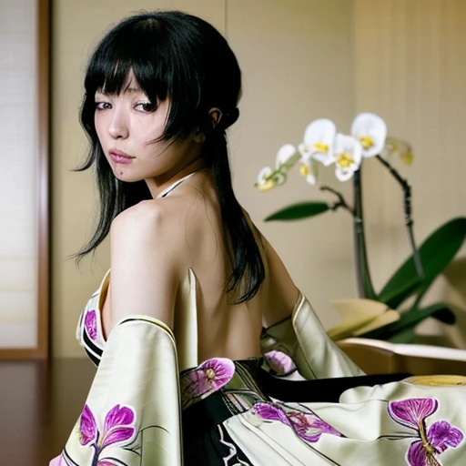 Master piece, highest quality, Sheena Ringo a woman from a virtous sect. The character looks like she is in her late teens. She is beautiful, petite, Flat chested and flexible. She has open, long, kempt, black hair. Her Robe is perfectly white with a badge of an orchid, and the back of the robe is covered in an orchid pattern. Detailed face. The character is always serious.  <lora:SheenaRingo:1>