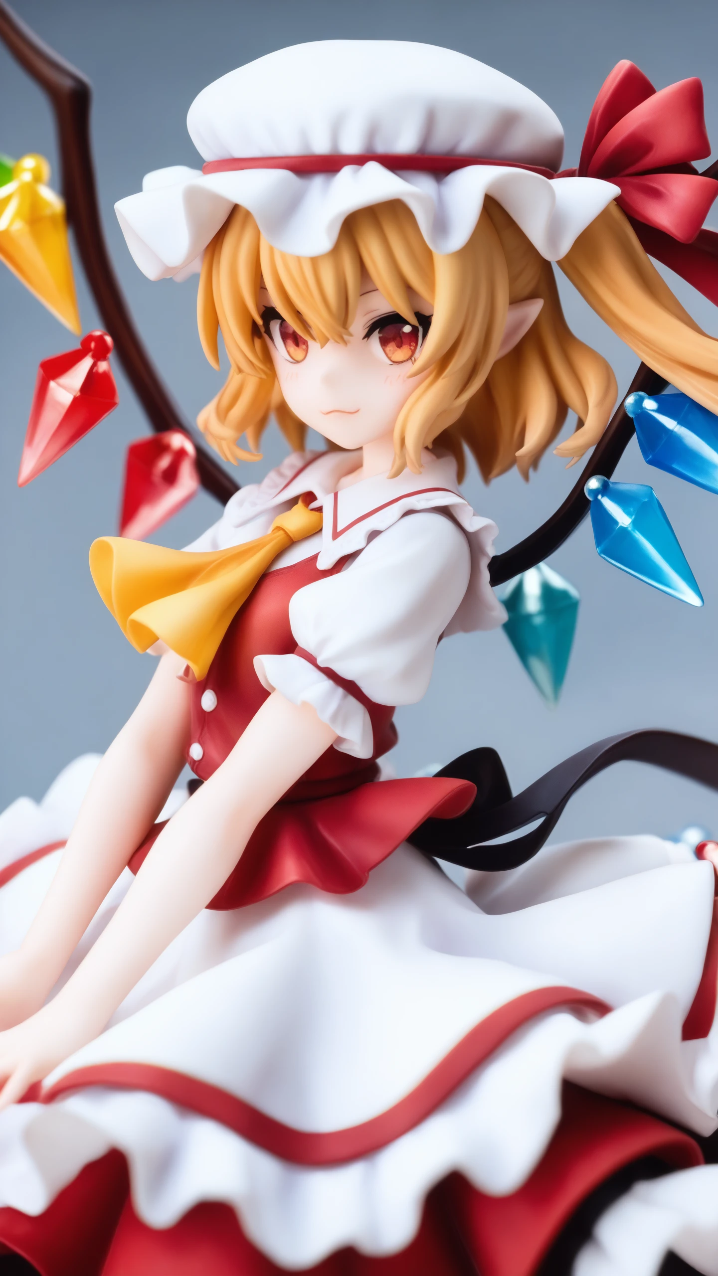 <lora:Anime_Figure:1>, ((masterpiece,best quality)), Figure, 1girl, solo, open mouth, skirt, blonde hair, red eyes, hat, ribbon, wings, shoes, vest, side ponytail, wrist cuffs, ascot, mob cap, hat ribbon, mary janes, skull, red vest, flandre scarlet, smile,