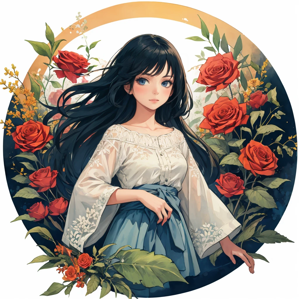 1girl, watercolor style, long hair, abstract, flowers , leaf, whitework