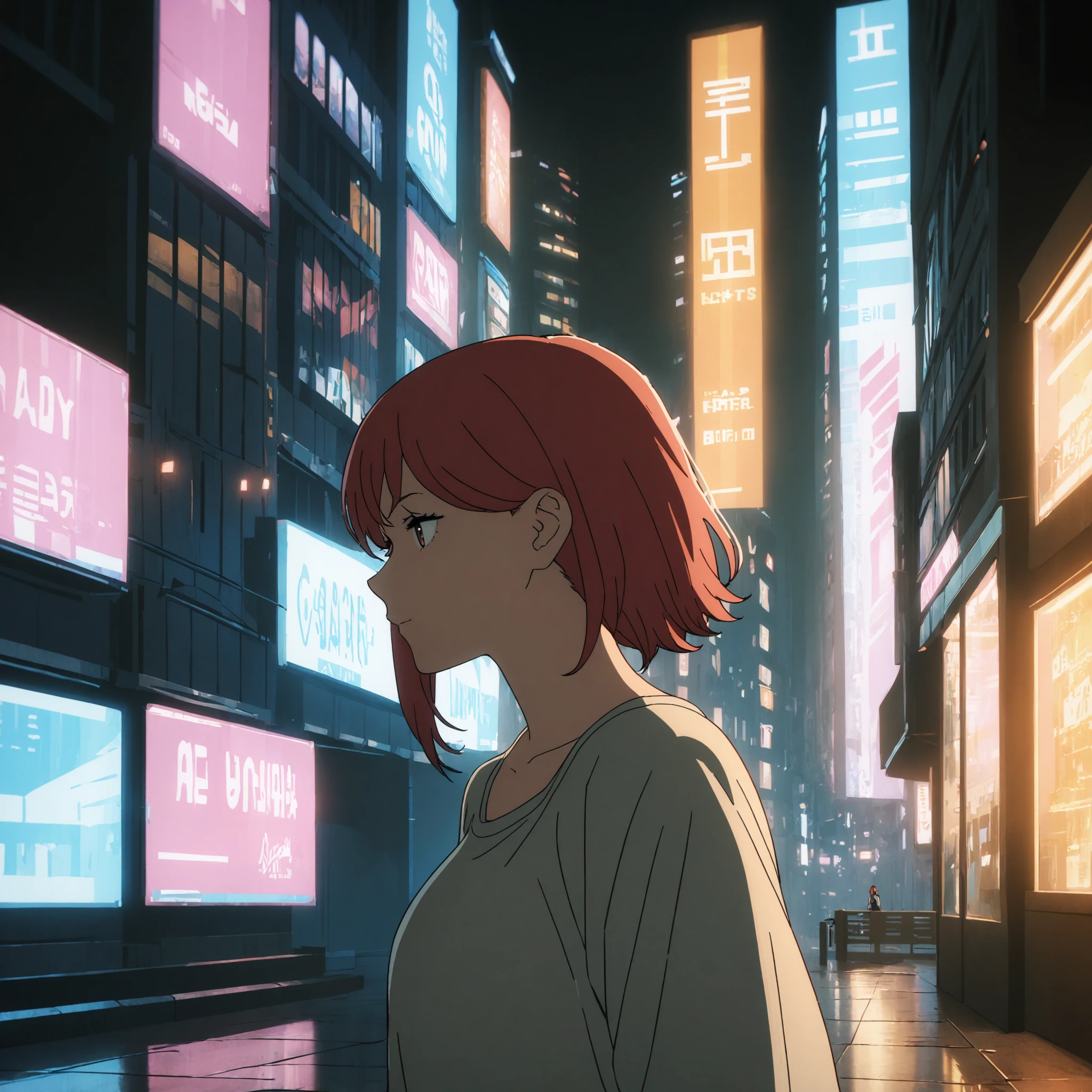 masterpiece, high-resolution, 1 girl, red hair, casual clothing, cyberpunk city, cinematic lighting, csm art-style,  <lora:csm-artstyle:0.7>