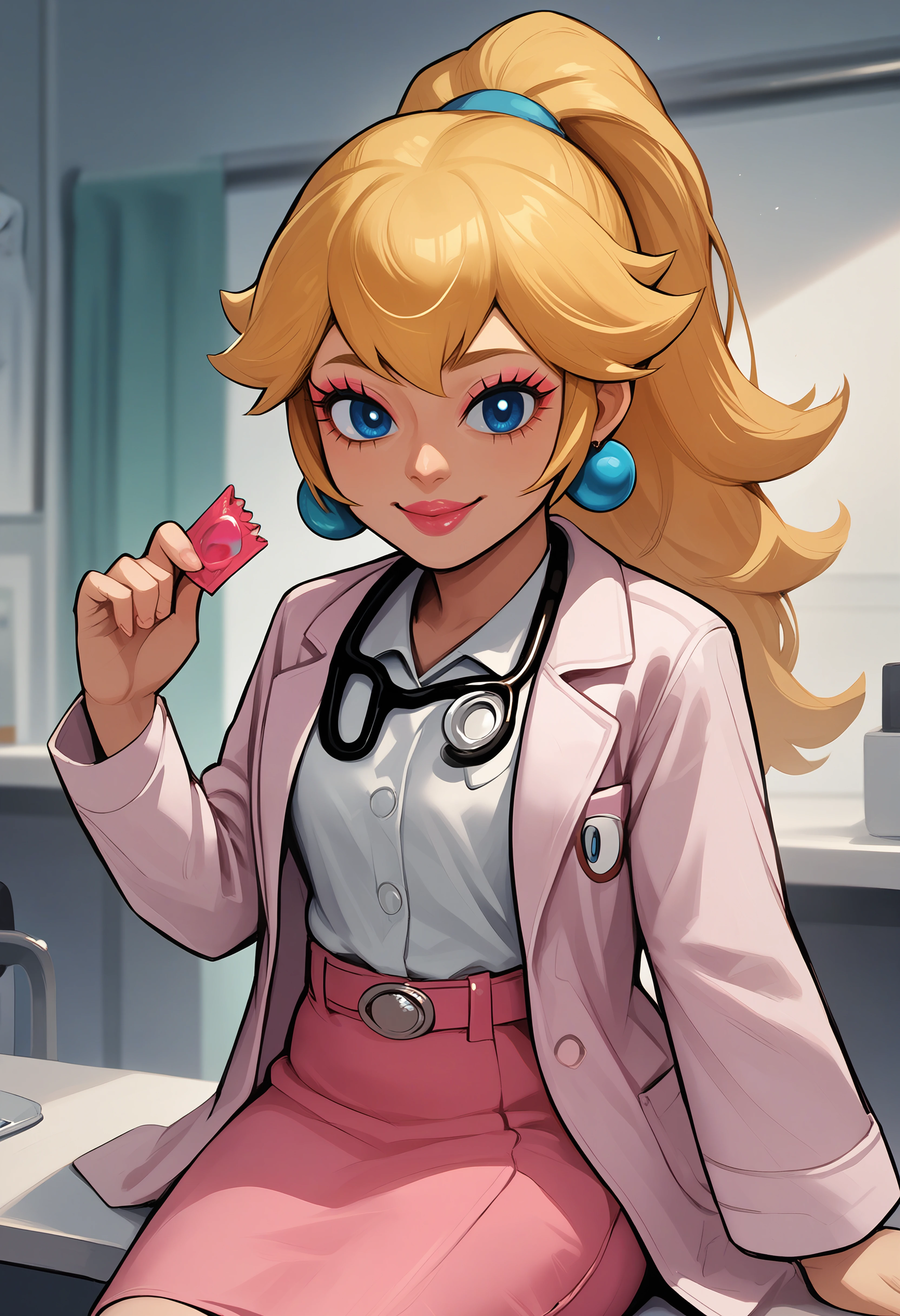 score_9, score_8_up, score_7_up, score_6_up BREAK solo,infirmary,sitting,IncrsPchDoc,blue eyes, long hair, ponytail, bangs, stethoscope, doctor, skirt, labcoat, white shirt, pink lips, pink coat, makeup, lipstick,puffy lips, coat, pink skirt, belt, jewelry, earrings,smile,holding wrapper <lora:PrincessPeach_XLPD:1>