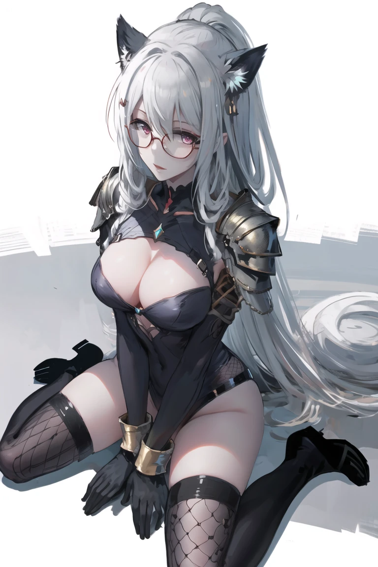 (masterpiece),best quality,three-quarter view,from_above,sitting,wariza,between_legs,fishnets,thighhighs,thighhighs,low twintailsglasses,armor,bodysuit,headgear,leotard,
