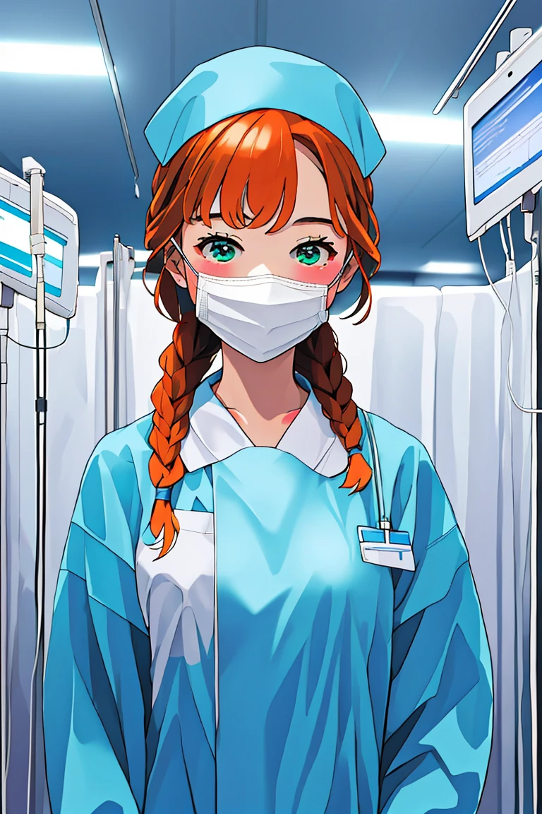 (RAW photo, best quality), (1girl), operating room, overhead surgical light,blurred background, focused,
 <lora:Fumiko_Miyashita_3D21_V1.0:0.8> fumiko miyashita, 3dcg_21,orange_hair,green_eyes,twin_braids,hair_on_shoulders, 
<lora:Nrs_Gown_Reach_V1.0:0.6> nrs_gw_reach, looking at viewer, nurse cap, surgical mask, blood on clothes, upper body, blood bag, intravenous drip, gloves, long sleeves,