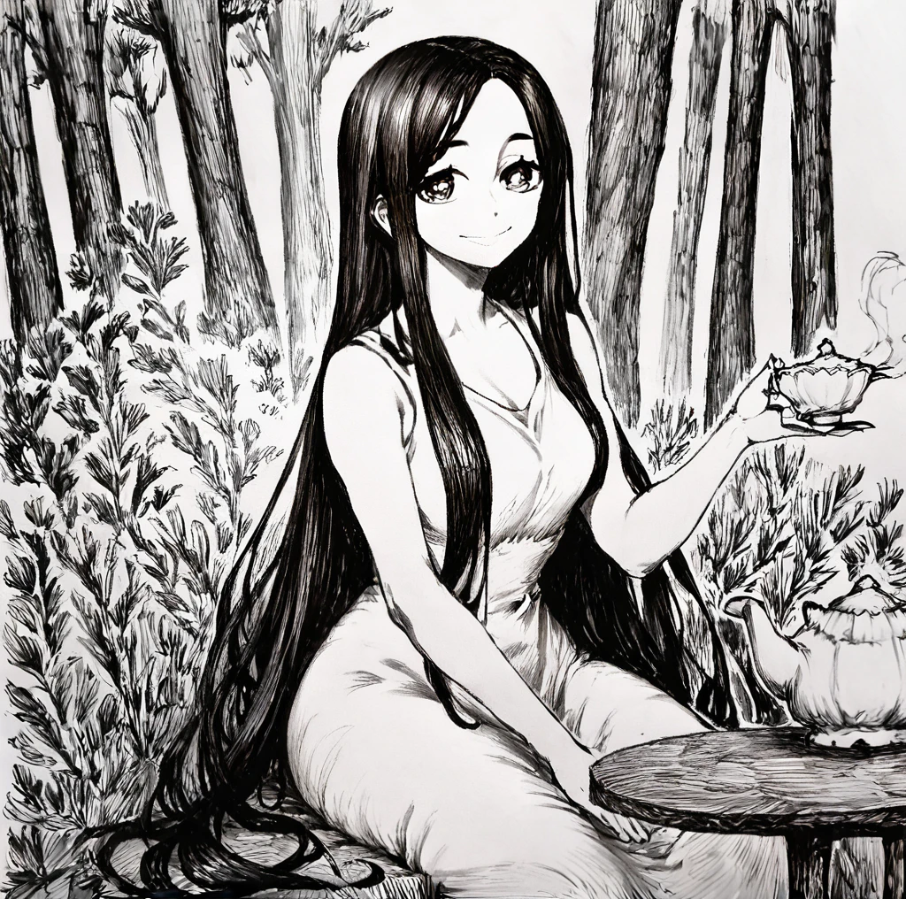 1girl,solo,full body,looking at viewer,very long hair,greyscale,<lora:ChronozberghPonyV1-000024:1>,holding cup,sitting,teacup,teapot,table,smile,sundress,forest,Chronozbergh Style,, (score_9,score_8_up,score_7_up), anime style, beautiful detailed skin, beautiful eyes, detailed face, best quality, high quality,