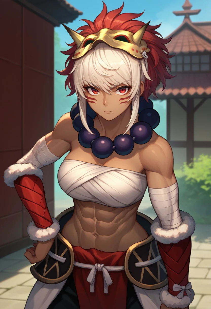 score_9, score_8_up, score_7_up, source_anime, solo, 1girl, ferinkah, dark skin, abs, obliques, expressionless, looking at viewer, standing, hand on own hip, facial mark, multicolored hair, white hair, red hair, mask on head, fur trim, chest sarashi, bandaged arm, arm warmers, pants, bead necklace, midriff, cleavage, large breasts, outdoors <lora:fireemblem_rinkah_ponyXL:1>