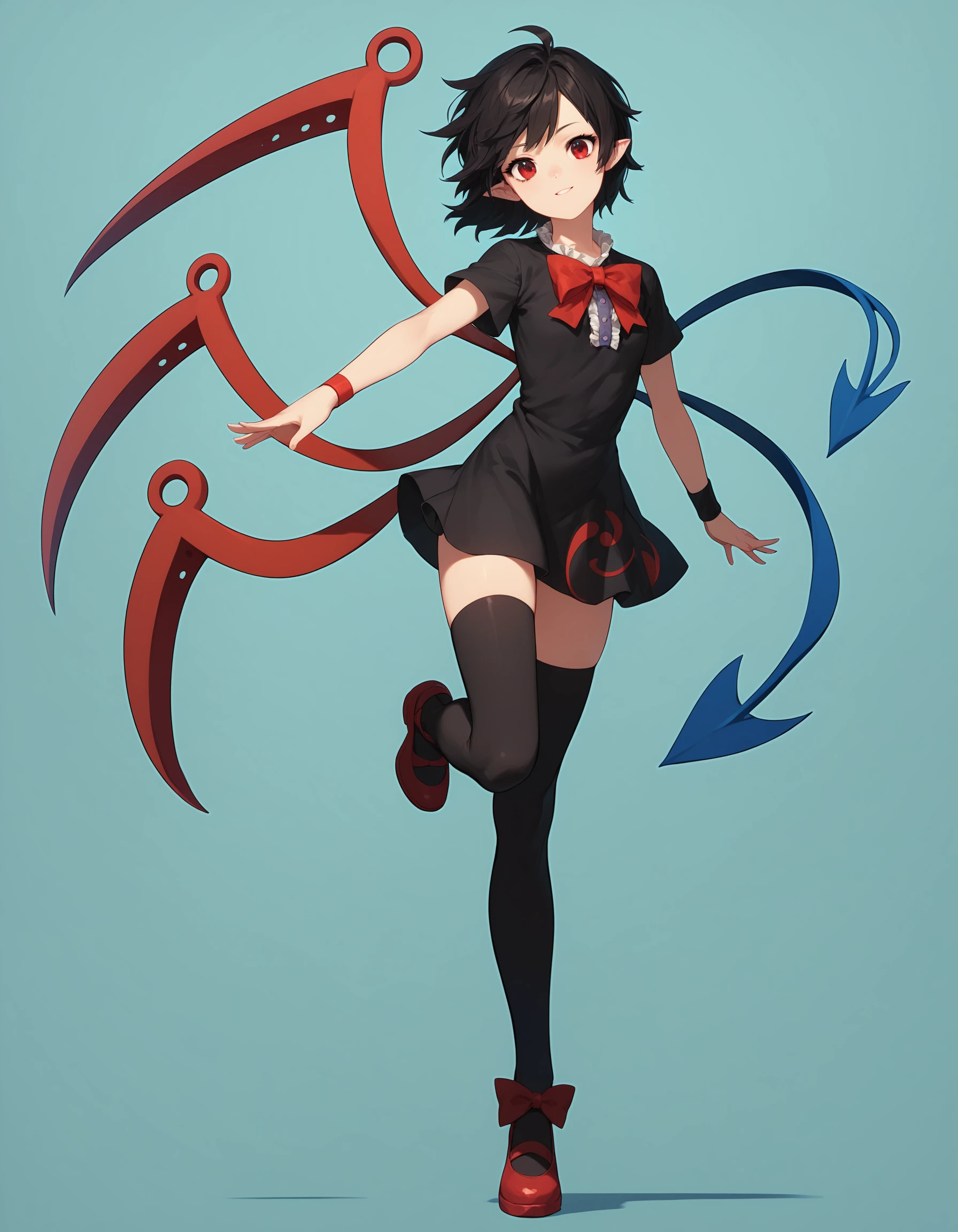 1girl, <lora:Nue_Houjuu_G-000009:0.9>houjuu nue, asymmetrical wings,short black dress, short sleeves,wristband, full body, red footwear, thighhighs, standing on one leg, tilt body,simple background, source_anime, score_9, score_8_up, score_7_up, highly detailed, clear line