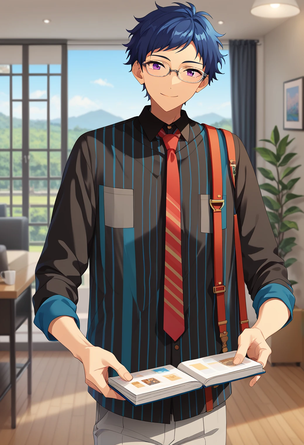 score_9_up, score_8_up, score_7_up, score_6_up, score_5_up, score_4_up, best quality, amazing quality, best aesthetic, absurdres, cute, solo,yuzuru fushimi, blue hair, purple eyes, black and blue striped shirt, red tie, glasses, gray pants<lora:EMS-358785-EMS:1.000000>