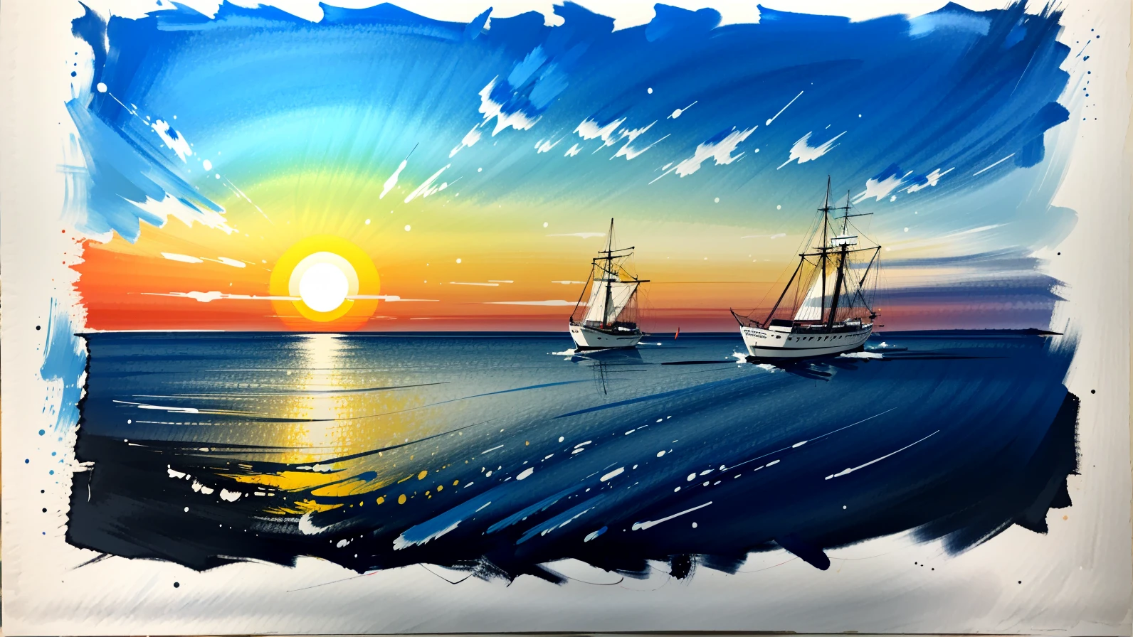 best quality,masterpiece,highly detailed,ultra-detailed, 
 <lora:neg9V2_last:0.5> 
mountainous horizon, morning sun rise and glow .cloud ocean,  sailing ship, vehicle focus, 
The gradation of blue, orange and white as the pitch-black sky turns white is also beautiful 
photo realistic, 
 <lora:limitedpalette_last:0.9><lora:brushstroke_last:0.9>  <lora:ColorInkSplashing_last:1>