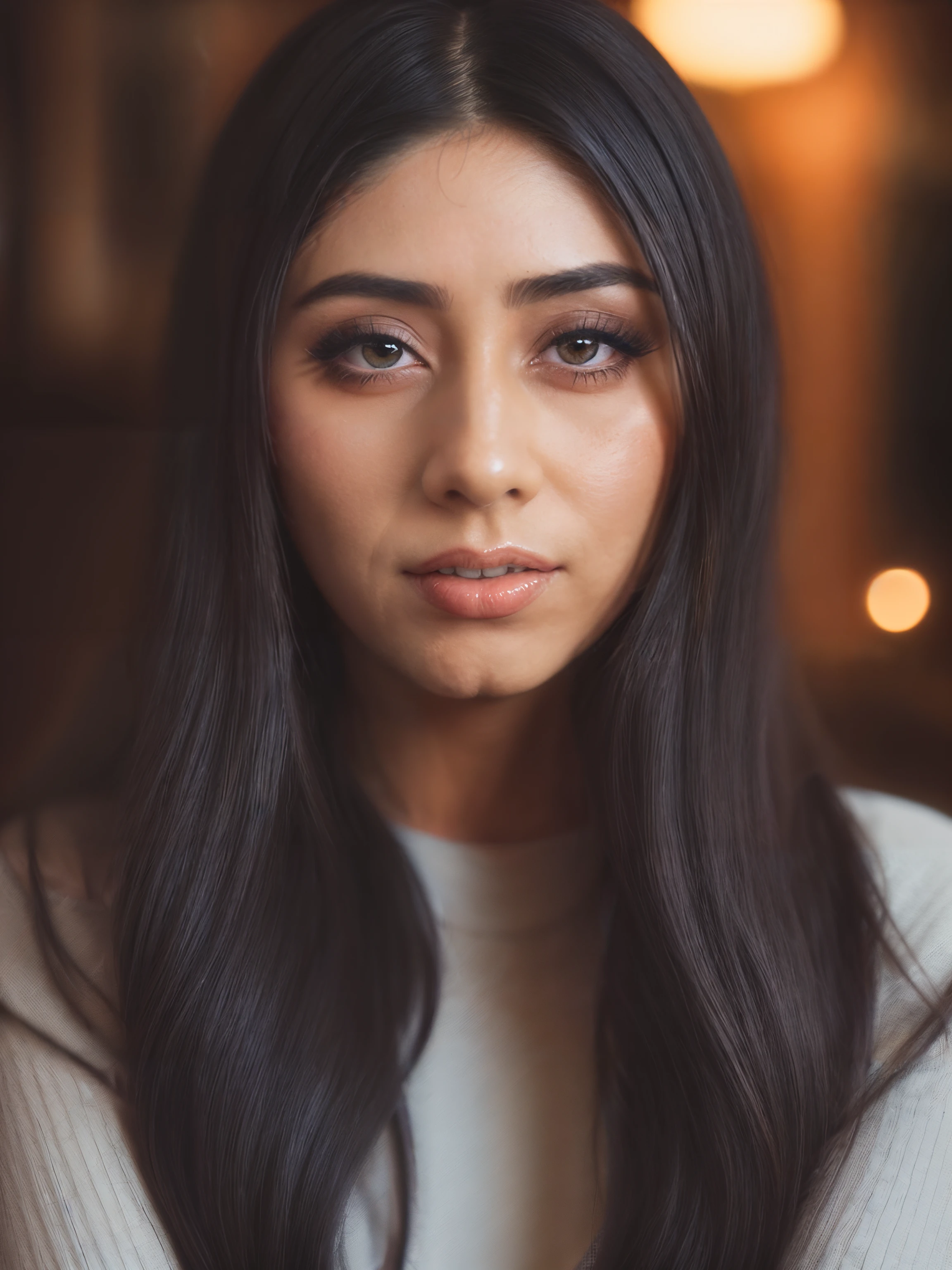 RAW photography, closeup portrait of a beautiful woman, viomyers,  long perfect hair, wearing a knitted jumper, cozy english pub, midnight,,,, hard shadows, cinematic, DSLR, Canon EOS D600, film grain,  <lora:viomyers-000007:1>,  <lora:add_detail:0.6>