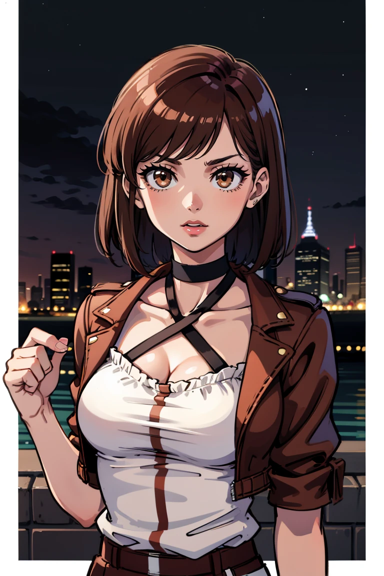 masterpiece, best quality, 1girl, solo, detailed background, outdoors, absurdres, looking at viewer, <lora:EPguTakayaNoriko-06:0.8>, EPguTakayaNoriko, brown hair, brown eyes, short hair, choker,leather jacket,white shirt, edgCCH, breasts,collarbone, halterneck ,criss-cross halter <lora:edgCrissCrossHalter:1>, city, night