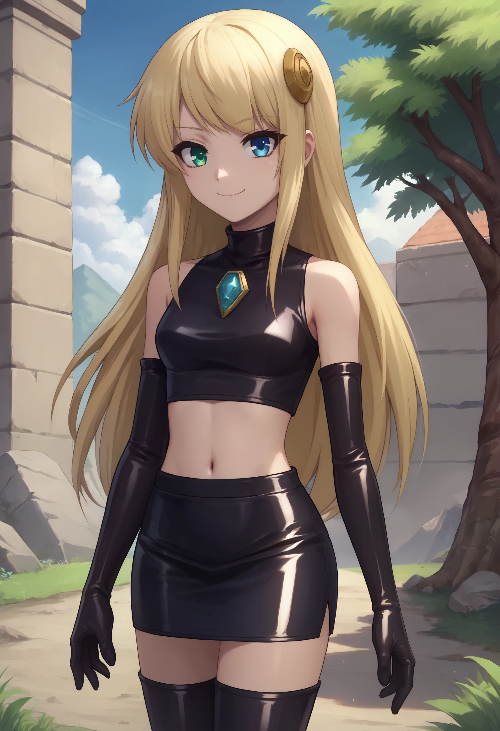 zPDXL, 1girl, solo, BREAK
yumina, blonde hair, long hair, bangs, heterochromia, green eyes, blue eyes,
black latex-servant, blue evil-gem, crop top, pencil skirt, elbow gloves, thighhighs,
standing, cowboy shot,
outdoors, blue sky,
<lora:latex-servant-ot-1056:0.8>  <lora:Yumina_v2:0.8>