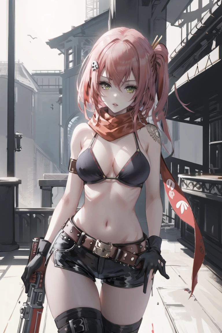 (masterpiece),best quality,yoko littner,belt,swimsuit,1girl,shorts,bikini,navel,bikini top only,red hair,skull hair ornament,hair ornament,cosplay,scarf,short shorts,weapon,gun,blurry,gloves,solo focus,holding,cowboy shot,looking at viewer,sniper rifle,aiming,thighhighs,fingerless gloves,rifle,lips,outdoors,depth of field,day,hair stick,asymmetrical gloves,black shorts,blurry background,thigh gap,parted lips,long hair,holding weapon,midriff,studded belt,standing,