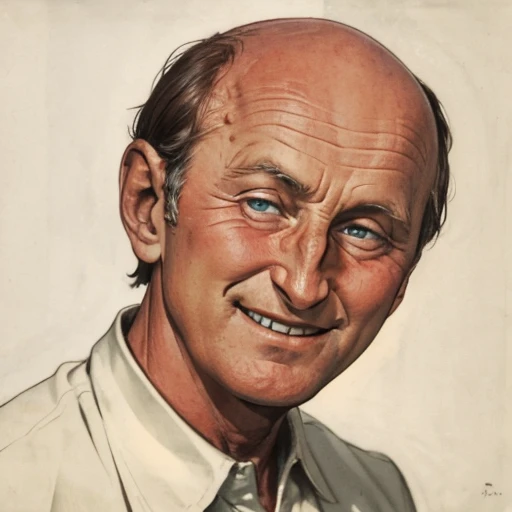 1boy, man, solo,( bourvil:1.2), looking at the viewer, focus on face, portrait, old, bald, smiling, teeth, BREAK, simple background, shirt, <lora:Bourvil:1>