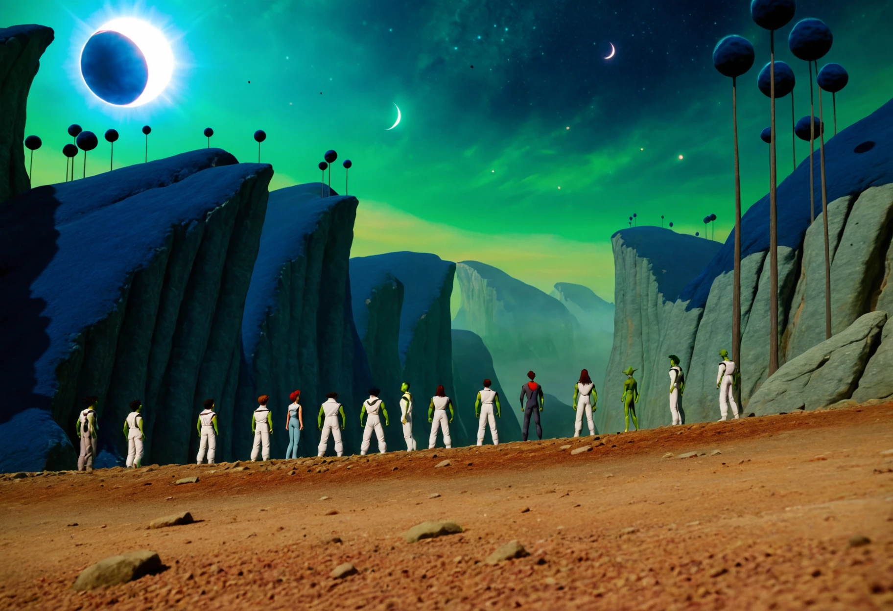 a group of aliens at namek,namek,realistic, facing away, eclipse,blue grass, rock, dust, hill, white pants, blue vest,tree, cliff, forest, standing, nature, green sky,green skin, <lora:NamekXL32:1>