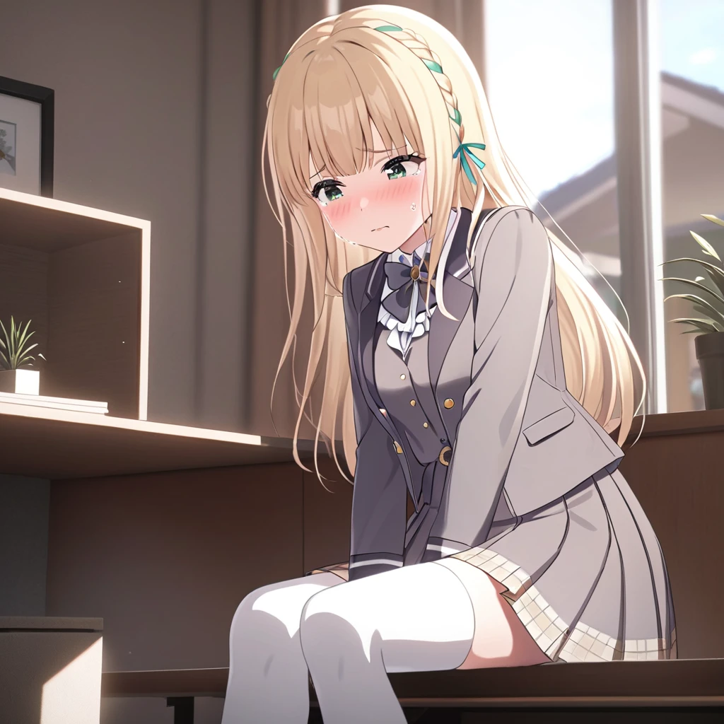 [high quality, best quality], [cinematic],1girl,{ichinoserei2},icre2schooluniform,white thighhighs,Blushing and looking down,Tearful eyes, expressing sadness,home,,solo  <lora:rei2v2:0.71>