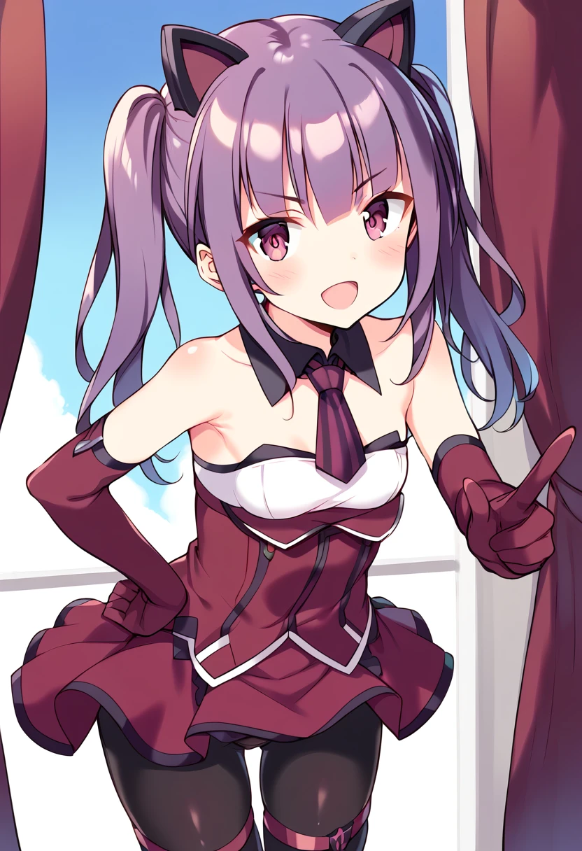 score_9, score_8_up, score_7_up, source_anime BREAK
ichijou ayaka, velvet kitten, 1girl, solo, twintails, purple hair, purple eyes, open mouth, hand on hip, bare shoulders, looking at viewer, elbow gloves, black legwear, long hair, pointing, pointing at viewer, eyebrows visible through hair, blush, v-shaped eyebrows, headgear, index finger raised, small breasts, red gloves, cowboy shot, purple gloves, detached collar, sidelocks, :o, miniskirt, pleated skirt, fake animal ears, standing, detached sleeves, red skirt, thighhighs, outstretched arm, short dress, tsurime, purple skirt, pink eyes, white shirt, armpits, foreshortening, thighhighs over pantyhose, flat chest, thigh strap, blunt bangs, strapless dress, ascot, sleeveless dress, red dress, wing collar, shiny, black gloves, sleeveless shirt, striped neckwear, shiny hair, red neckwear, eyes visible through hair, black neckwear, eyebrows, leaning forward, short necktie, hair ornament, pink gloves, purple legwear, collar, striped bow, :d, black pantyhose, hand on own hip, red necktie, purple necktie, hair between eyes, indoors, window, curtains, blue sky
<lora:ichijou_ayaka_sdxl_pony_locon_v1:0.8>