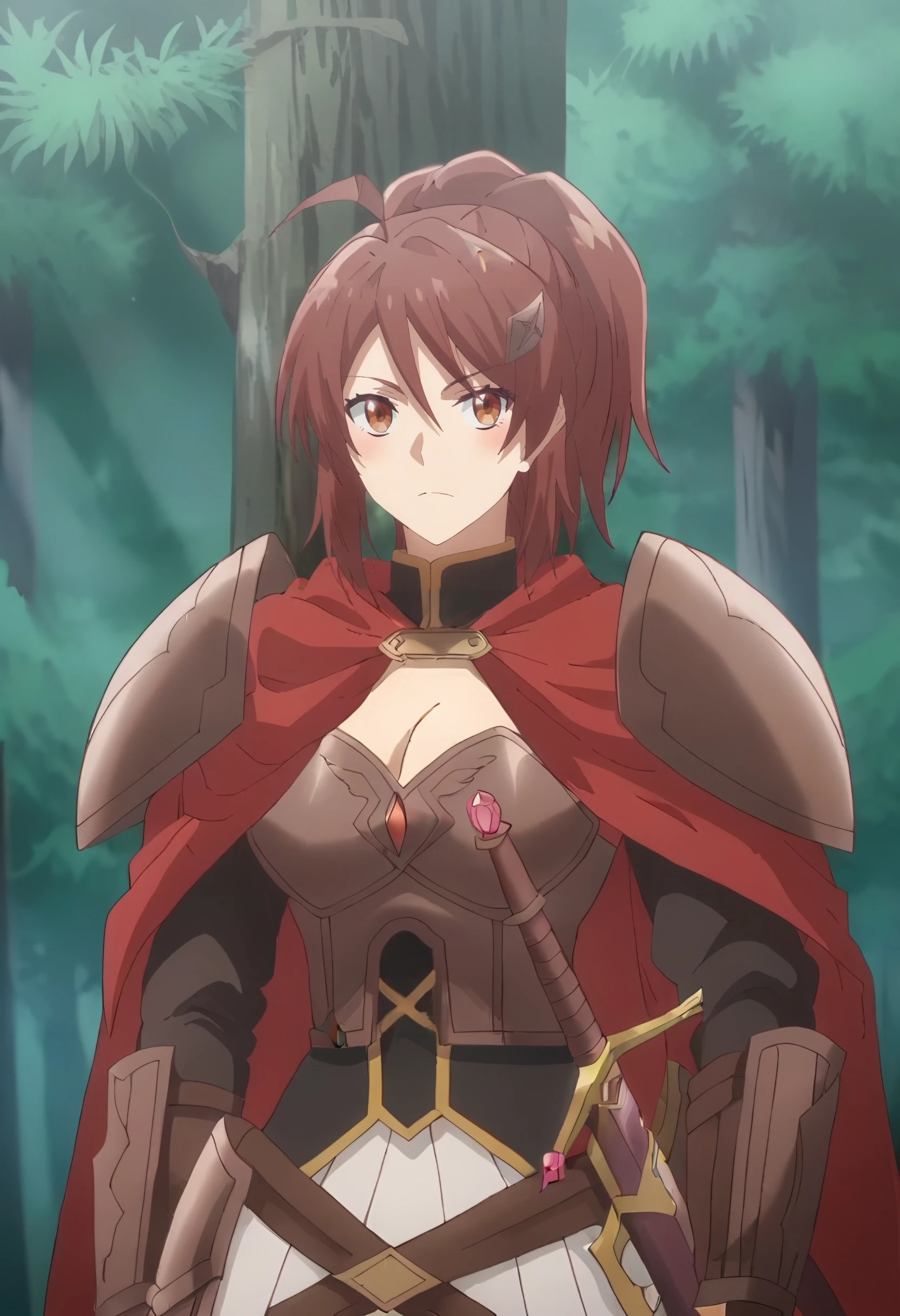 <lora:Beatrice:1> beatrice, ponytail, brown_hair, 1girl, solo, brown_eyes, hair_ornament,  armor, cape, cleavage, sword, cowboy shot, weapon, forest, score_9, score_8_up, score_7_up, , anime coloring ,BREAK source_anime, anime